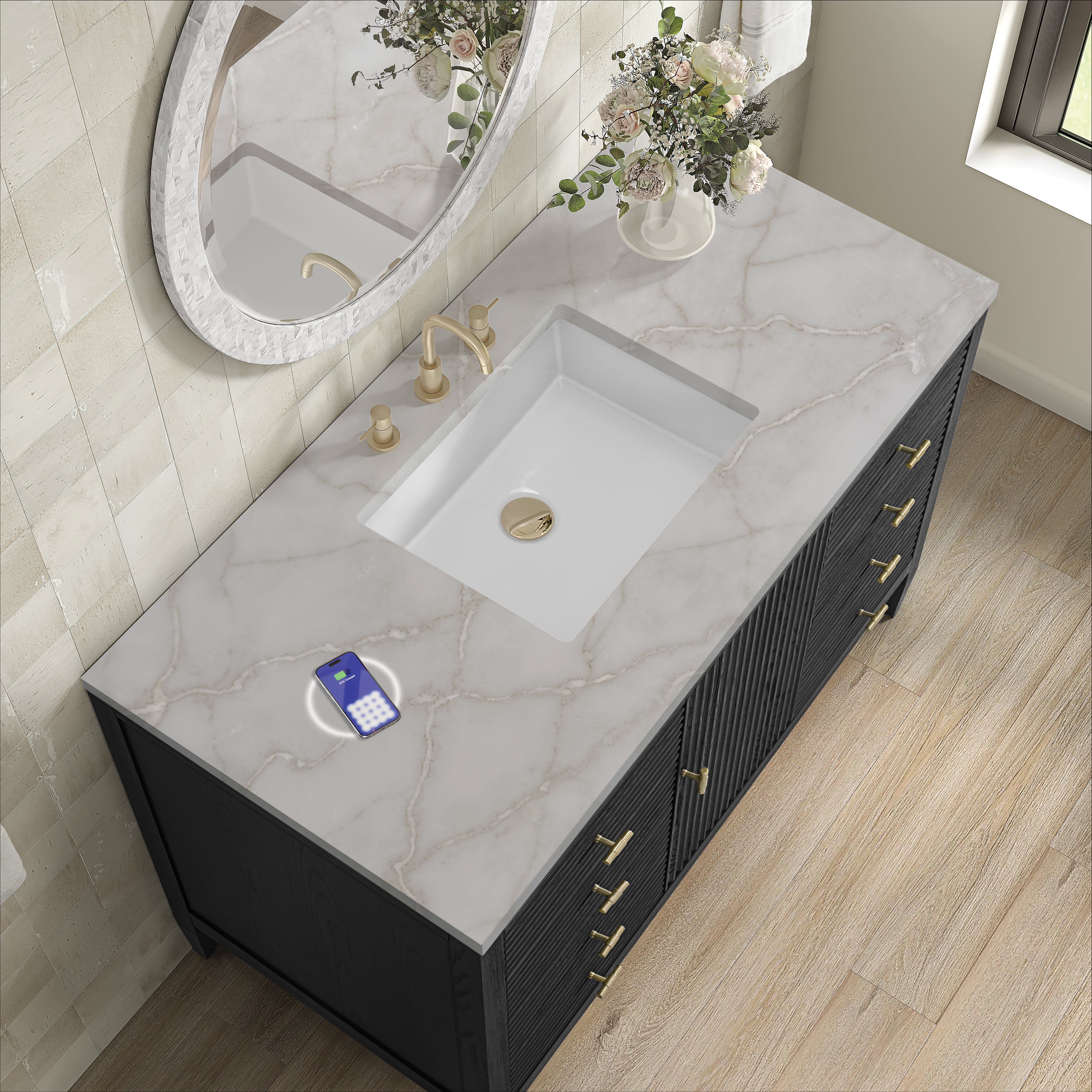 James Martin Myrrin 48" Single Vanity in Carbon Oak with 3cm Countertop and FreePower Wireless Charger