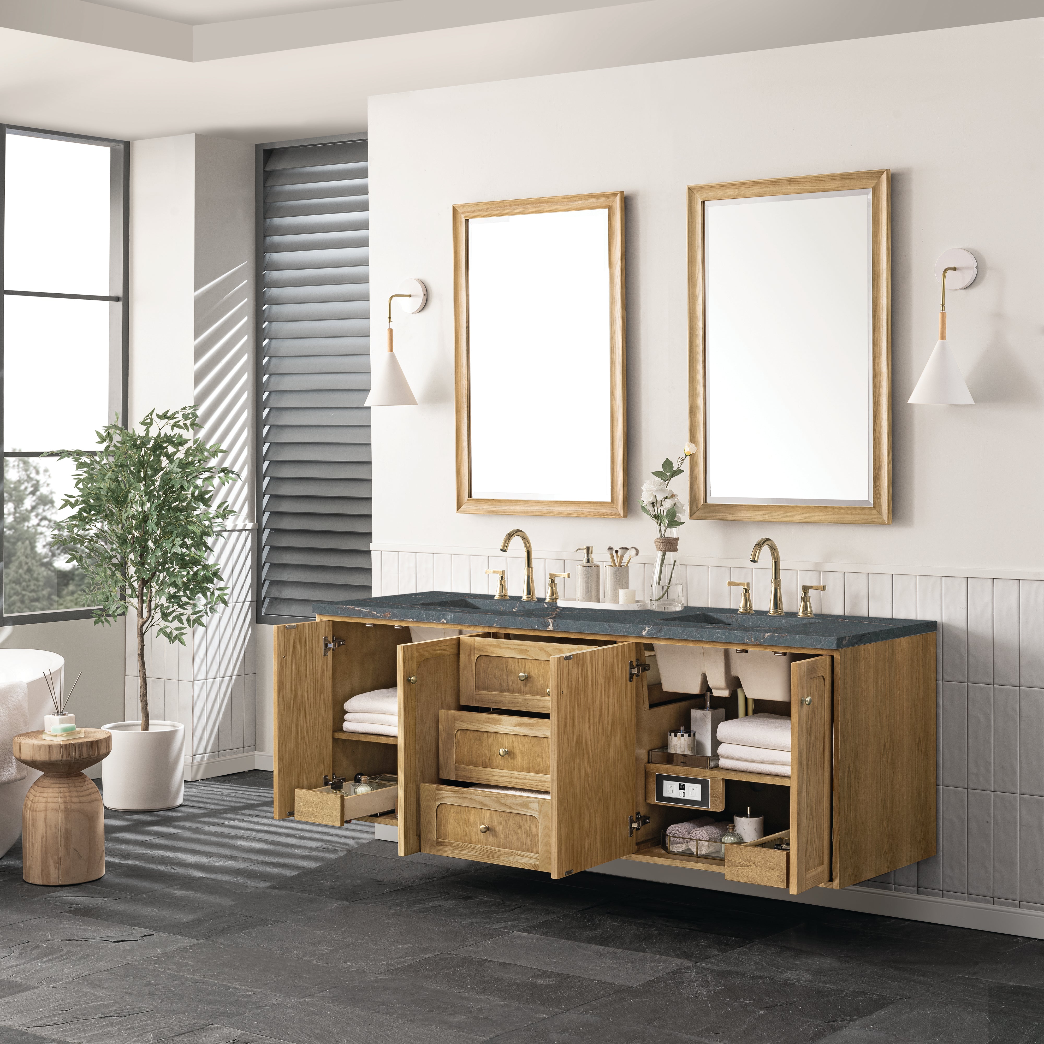 James Martin Laurent 72" Double Vanity in Light Natural Oak with 3cm Countertop and FreePower Wireless Charger