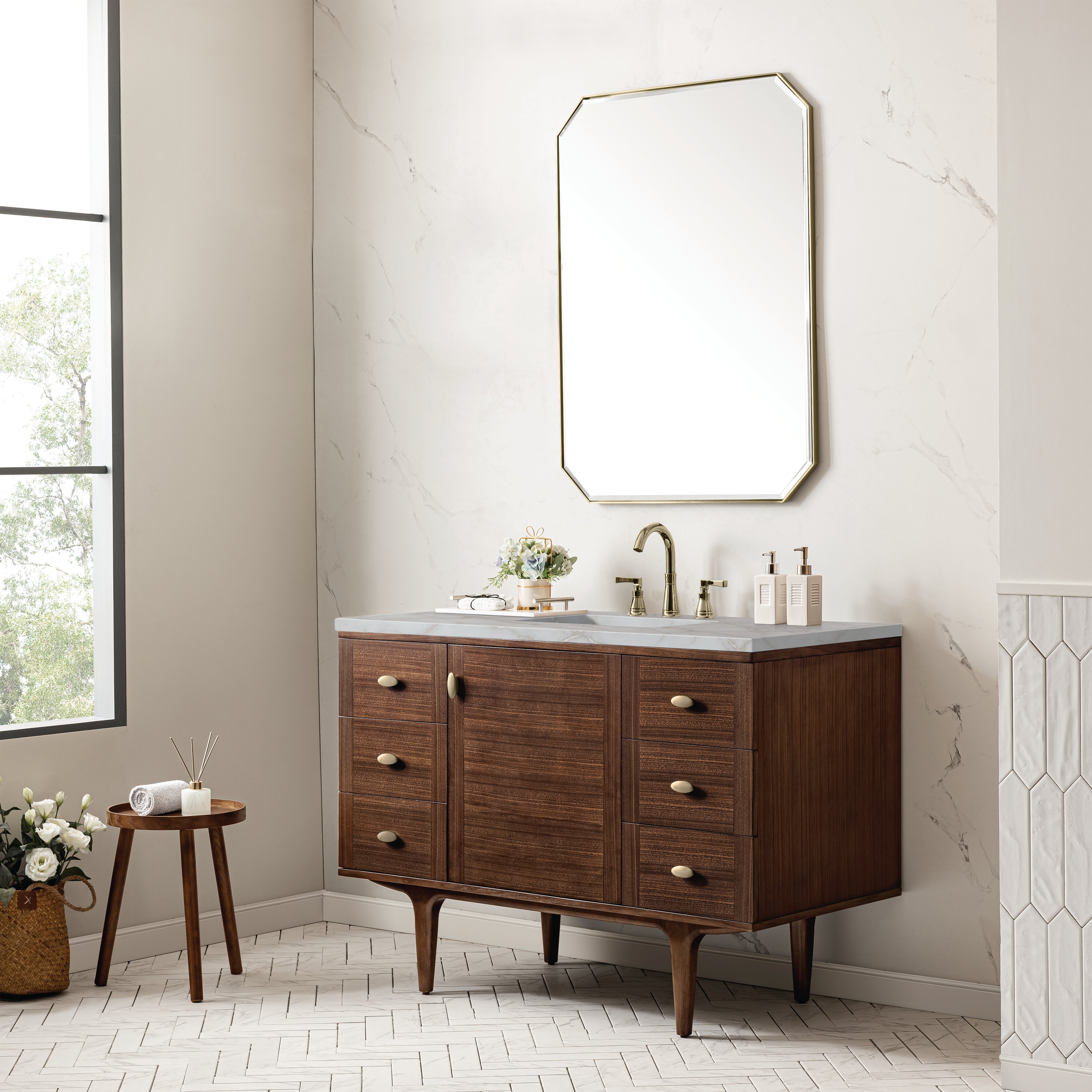 James Martin Amberly 48" Single Vanity in Mid-Century Walnut with 3cm Countertop and FreePower Wireless Charger