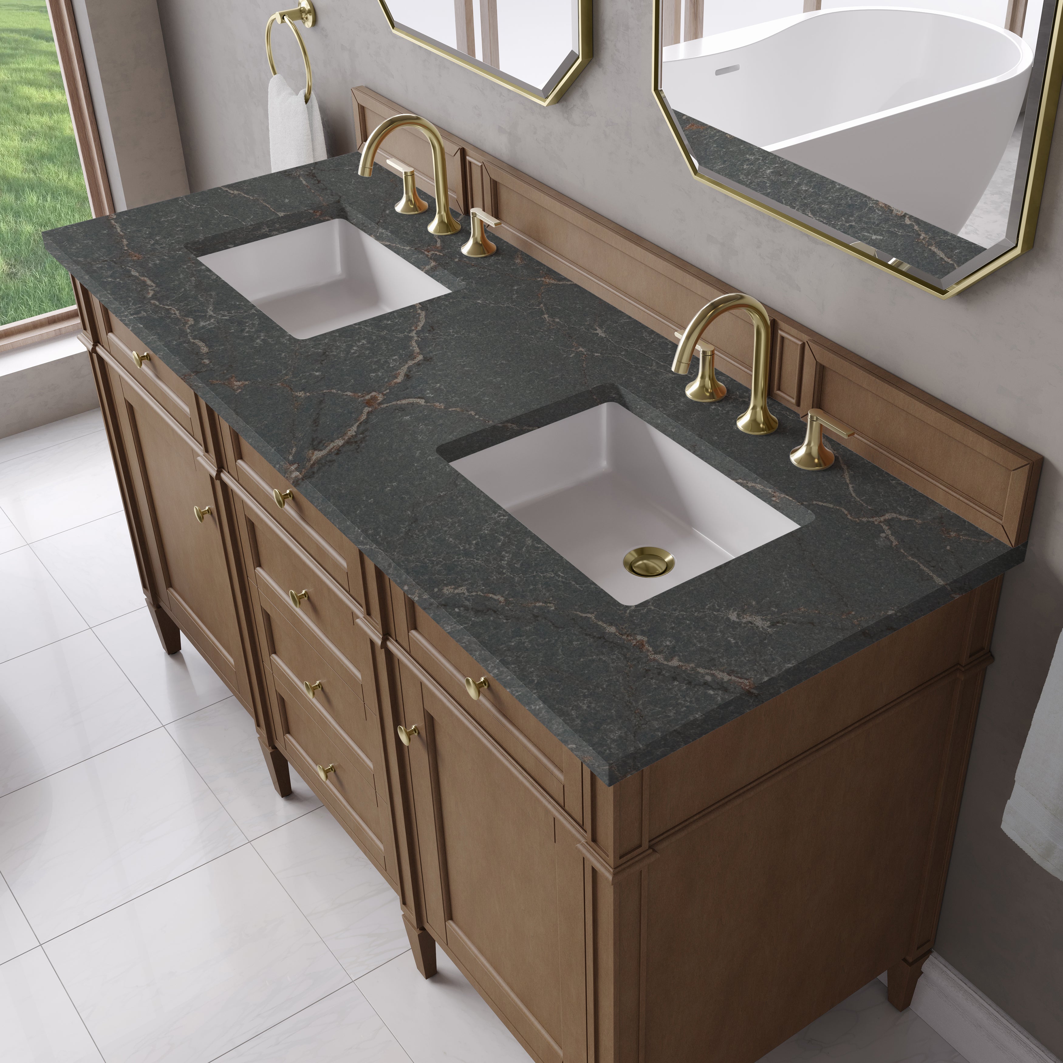 James Martin Brittany 60" Double Vanity in Pecan with 3cm Countertop