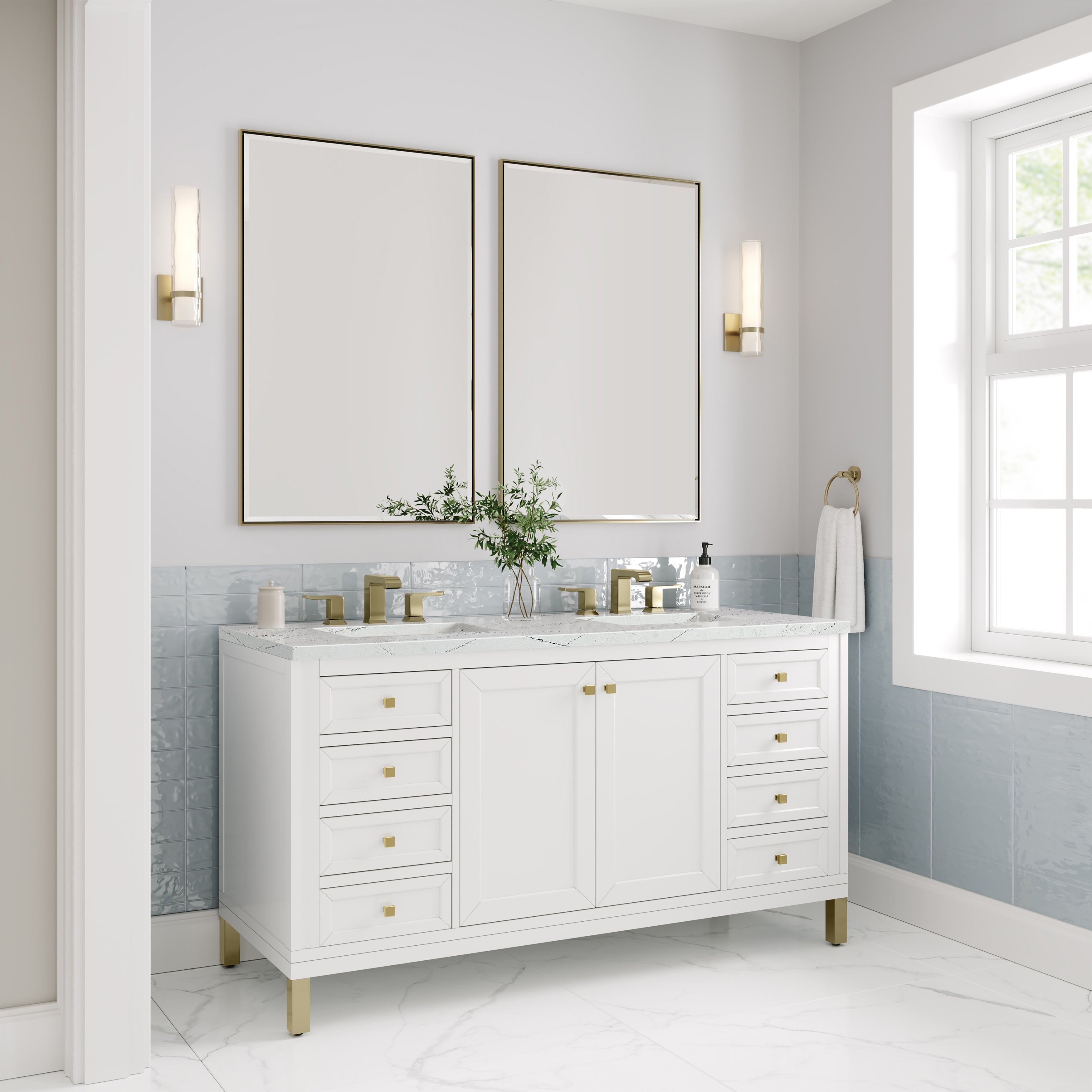 James Martin Chicago 60" Double Vanity in Glossy White with 3cm Countertop and FreePower Wireless Charger