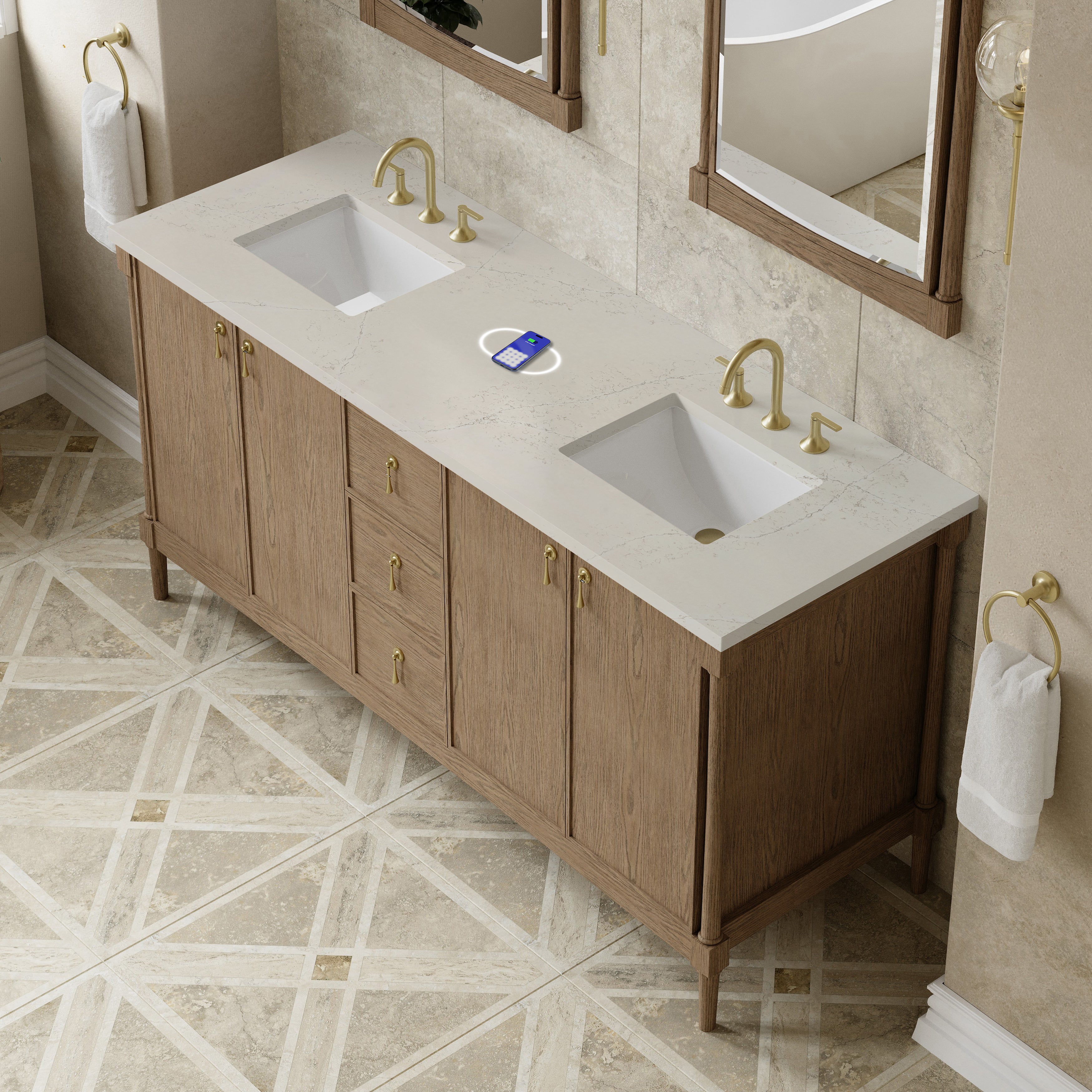 James Martin Kinnsden 72" Double Vanity in Weathered Oak with 3cm Carrara Marble Top and FreePower Wireless Charger