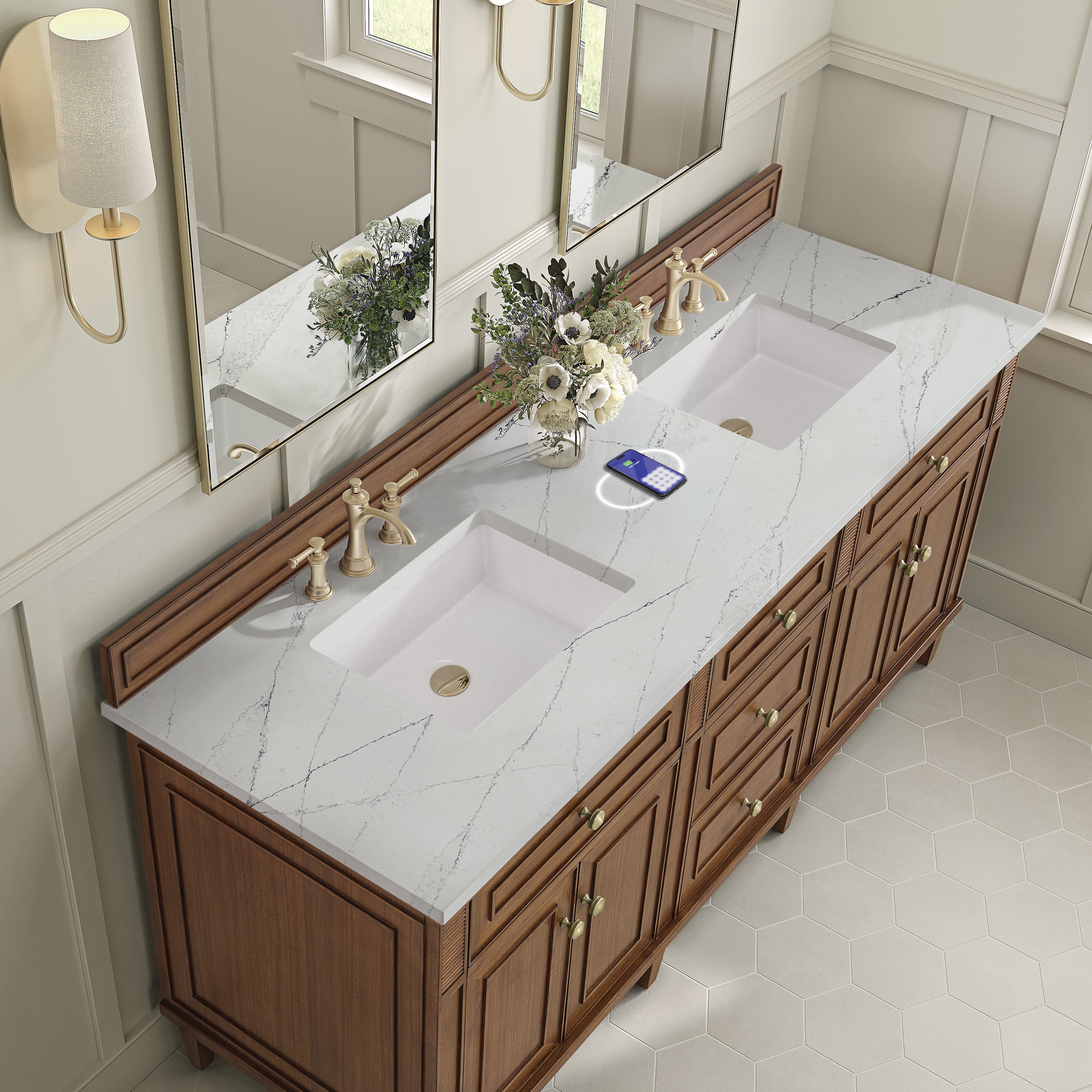 James Martin Lorelai 72"Double Vanity in Mid-Century Walnut with 3cm Countertop and FreePower Wireless Charger