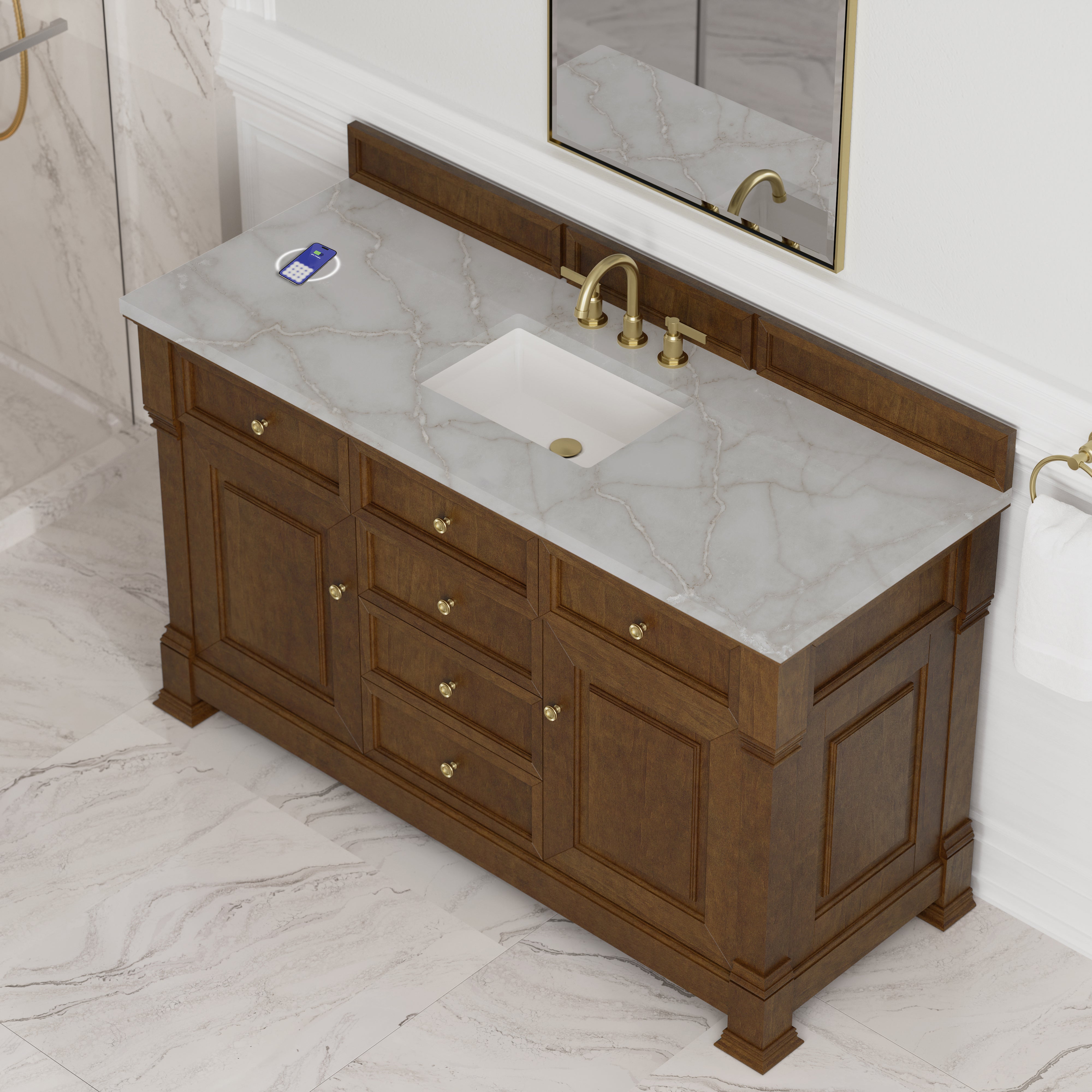 James Martin Brookfield 60" Single Vanity in Honey Oak with 3cm Countertop and FreePower Wireless Charger