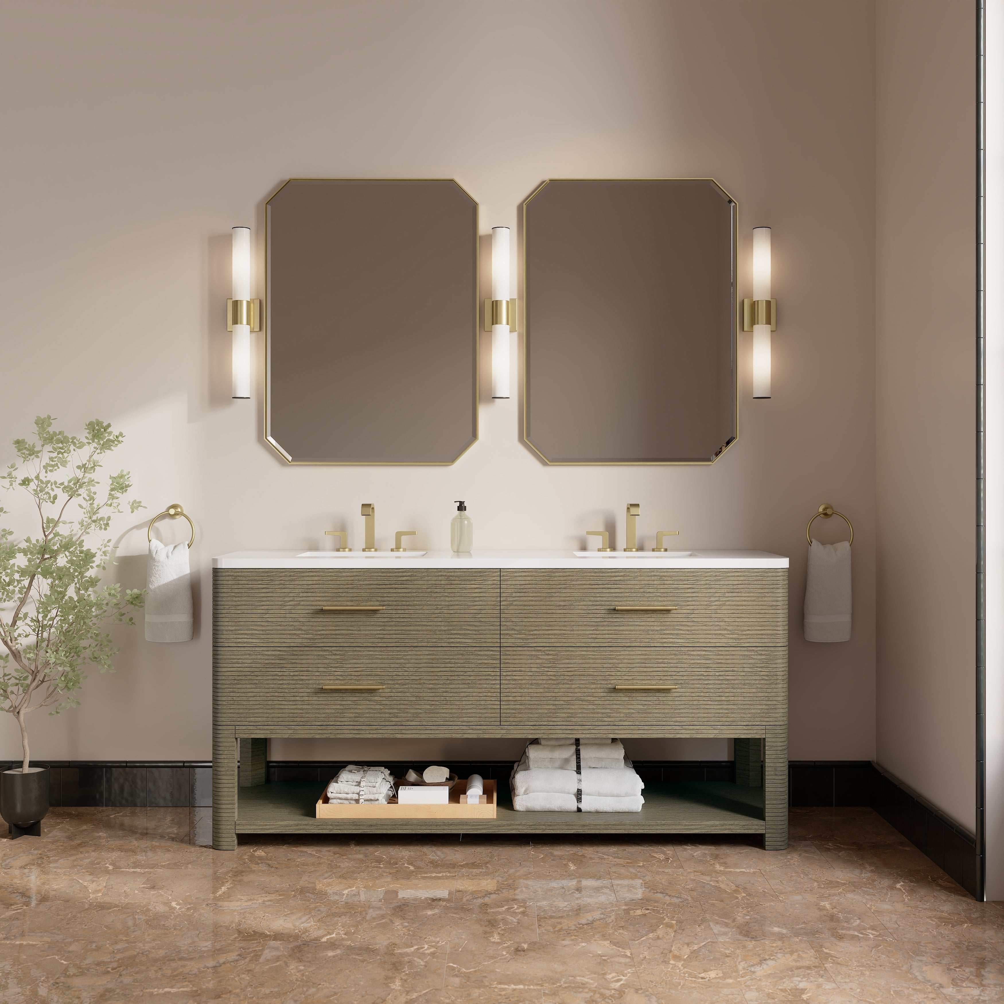 James Martin Lucian 72" Double Vanity in Pebble Oak with 3cm Countertop
