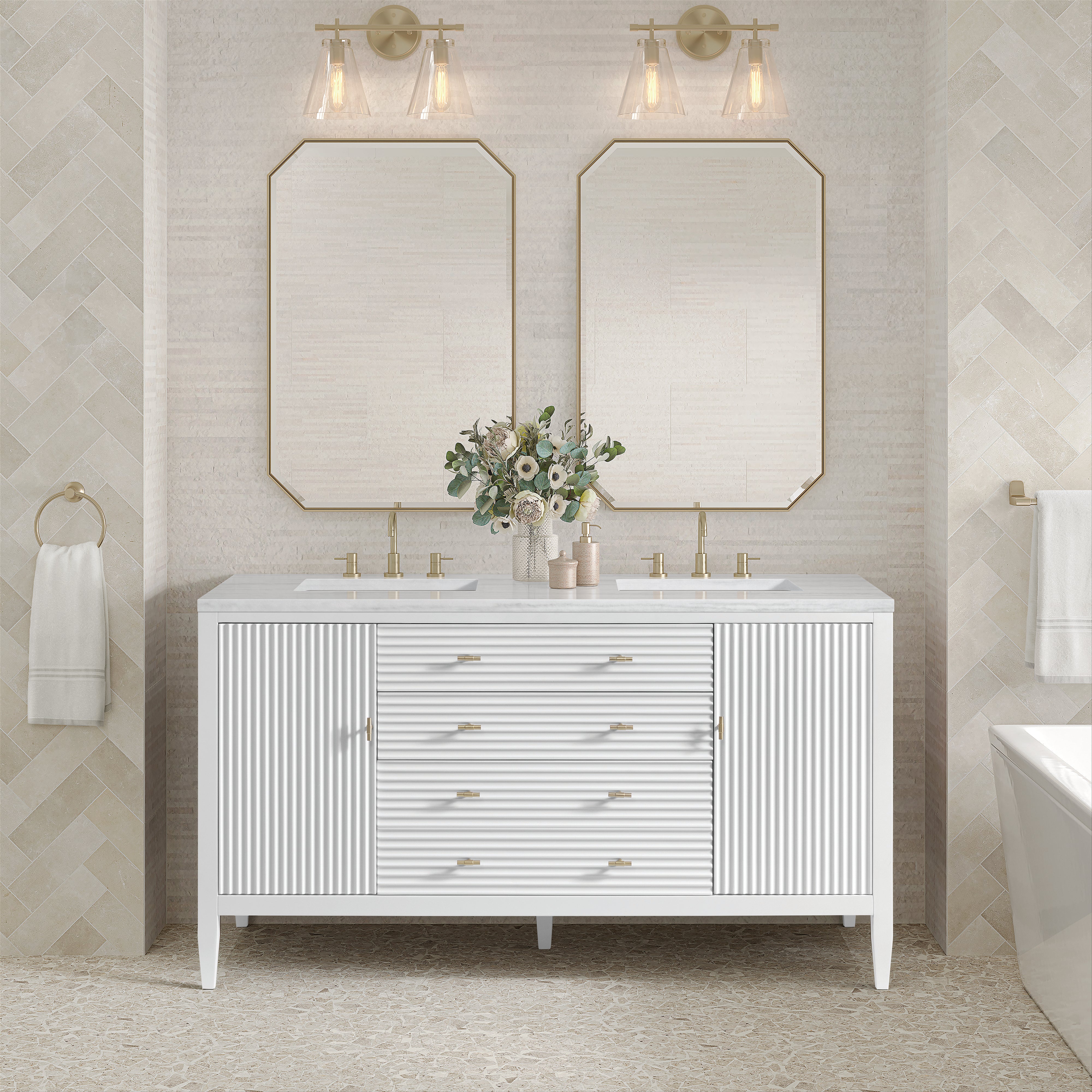 James Martin Myrrin 60" Double Vanity in Bright White with 3cm Countertop