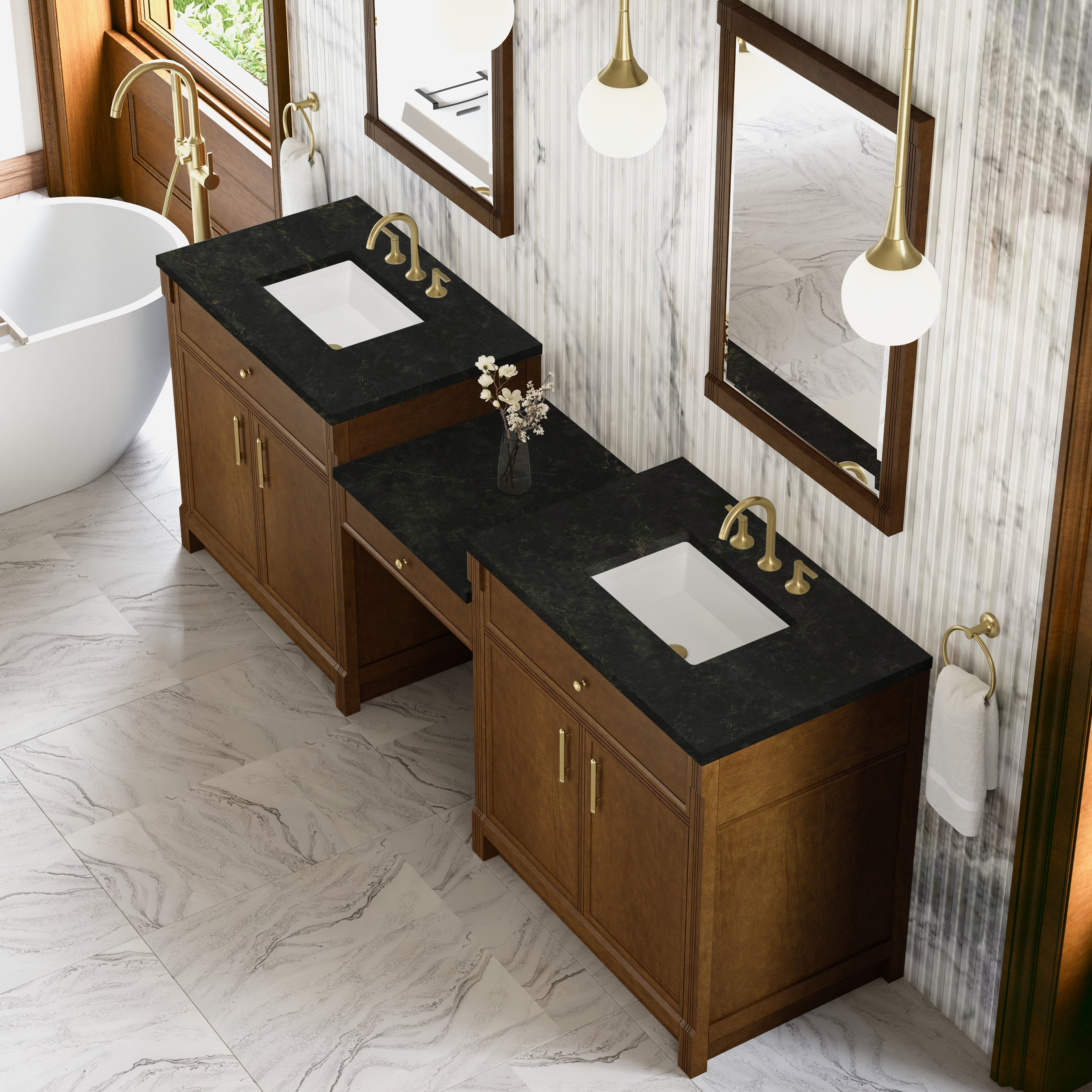 James Martin Bellshire 96" Dual Vanity Set with 24" Make-Up Counter in Honey Oak with 3cm Countertop