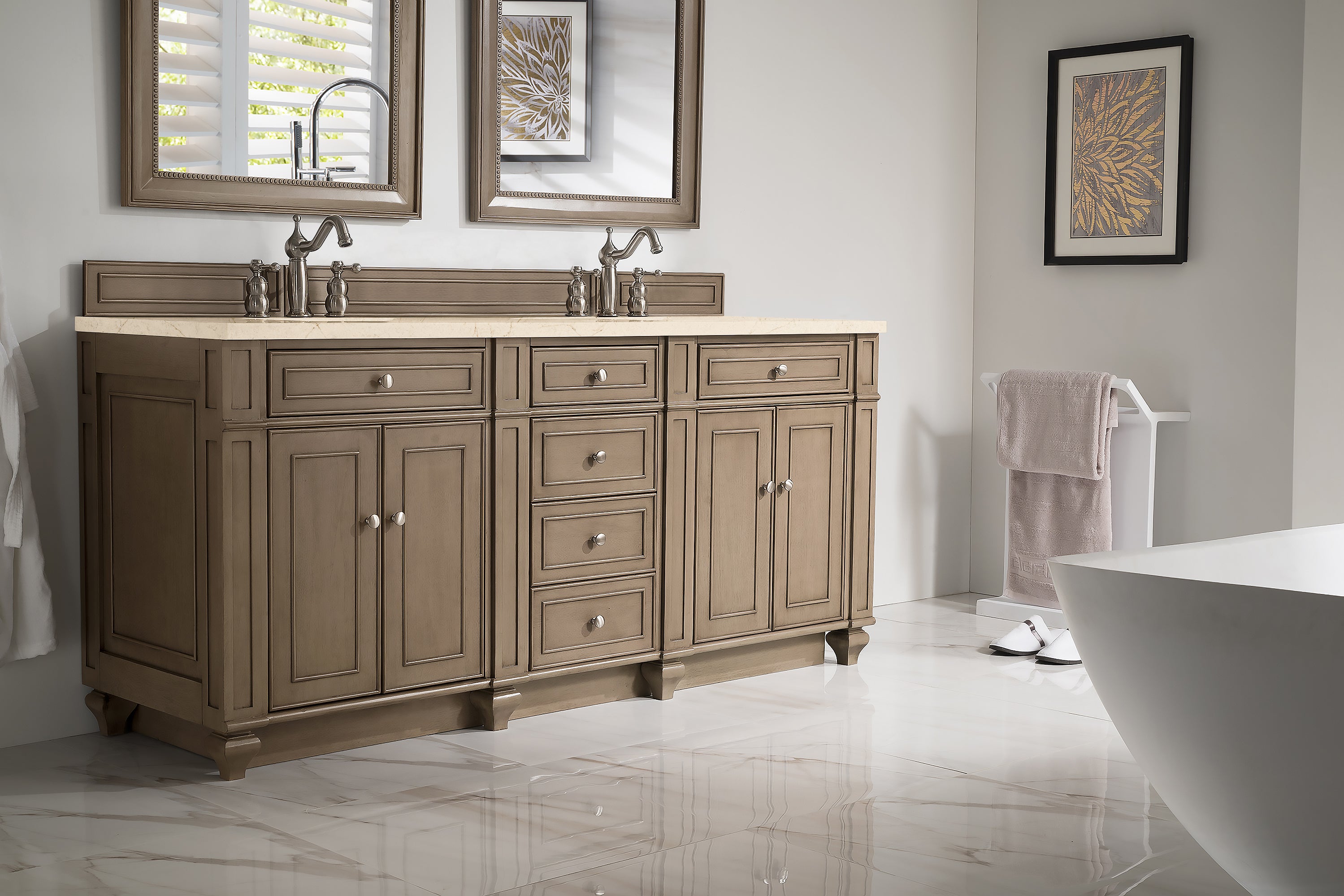 James Martin Bristol 72" Double Vanity in Whitewashed Walnut with 3cm Countertop