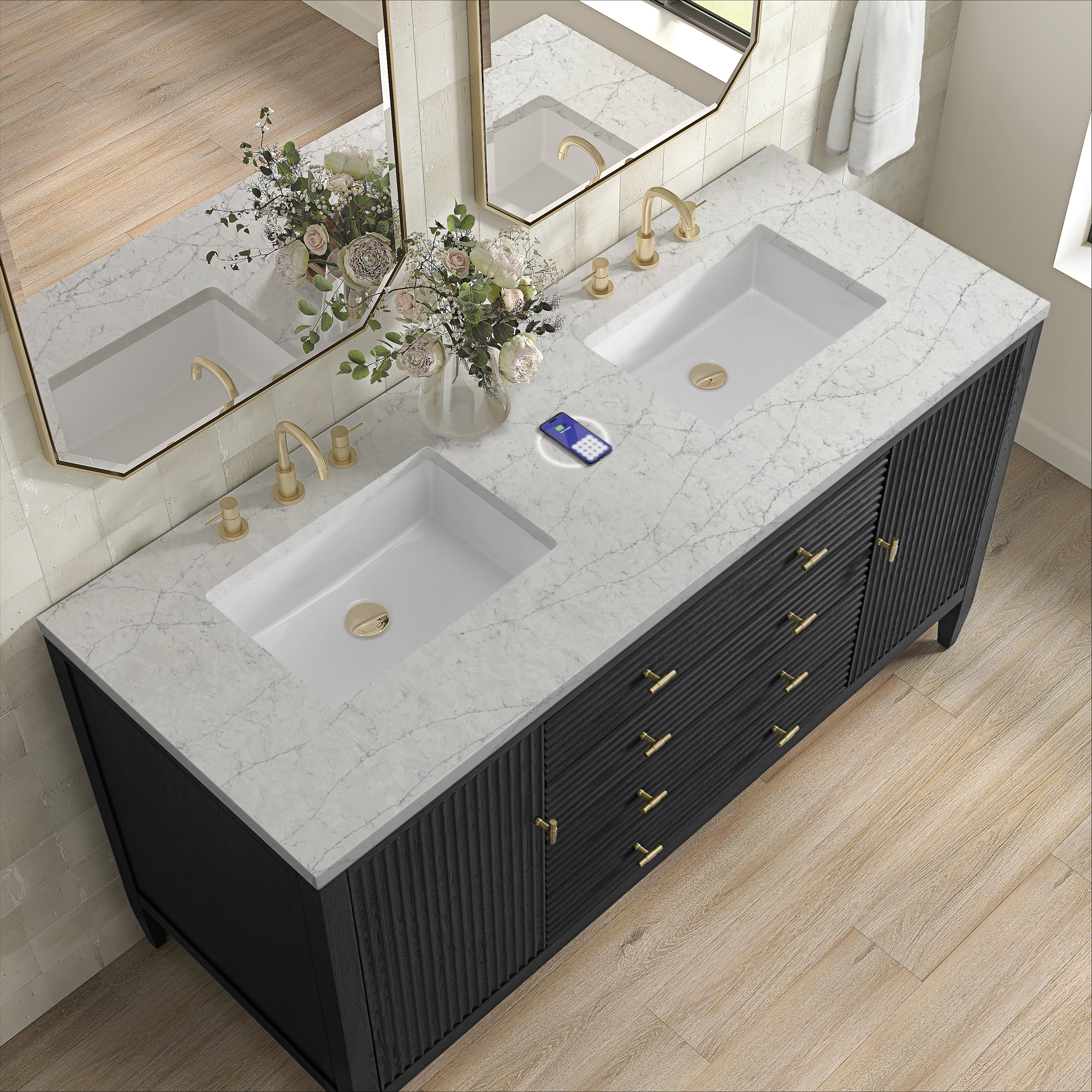 James Martin Myrrin 60" Double Vanity in Carbon Oak with 3cm Countertop and FreePower Wireless Charger