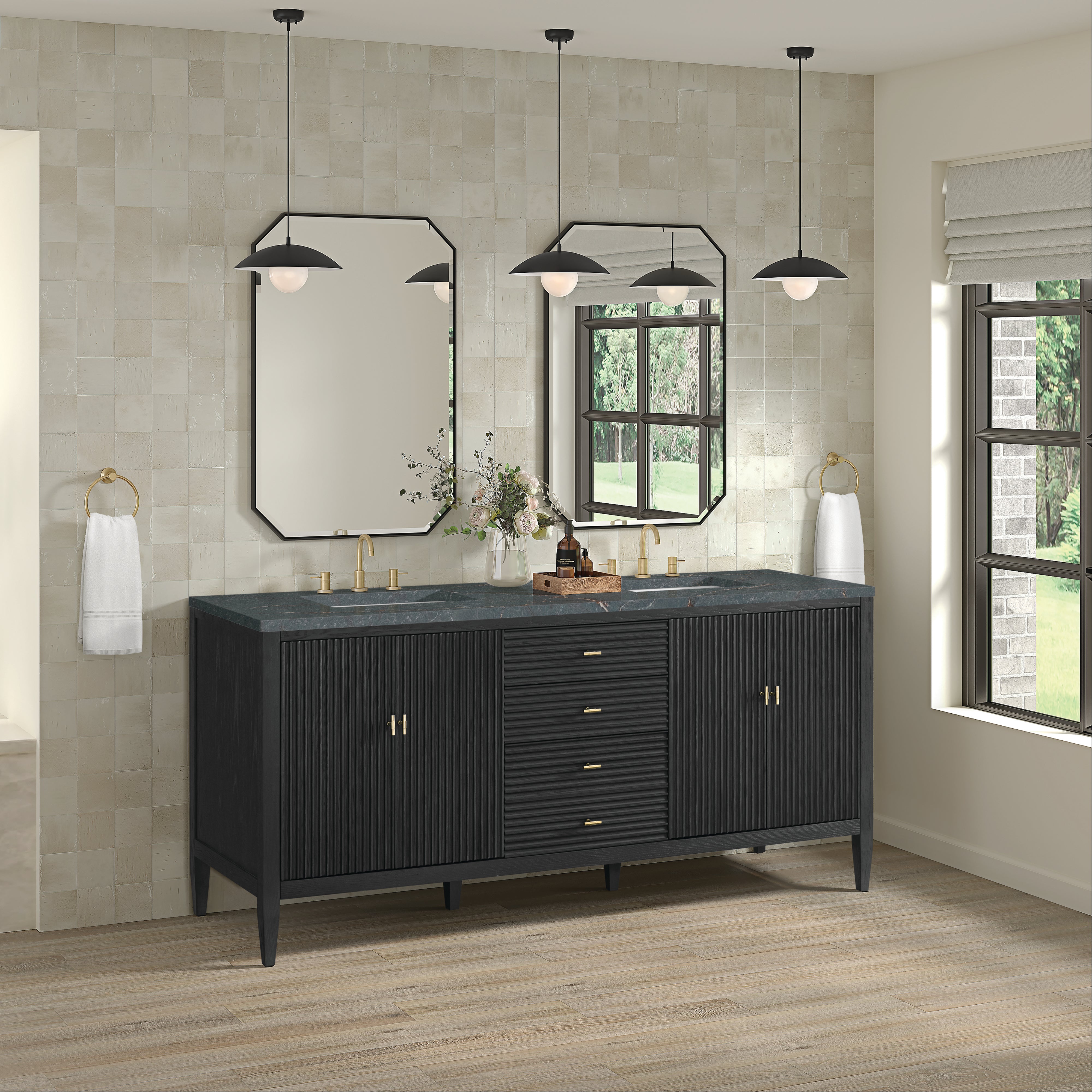 James Martin Myrrin 72" Double Vanity in Carbon Oak with 3cm Countertop and FreePower Wireless Charger