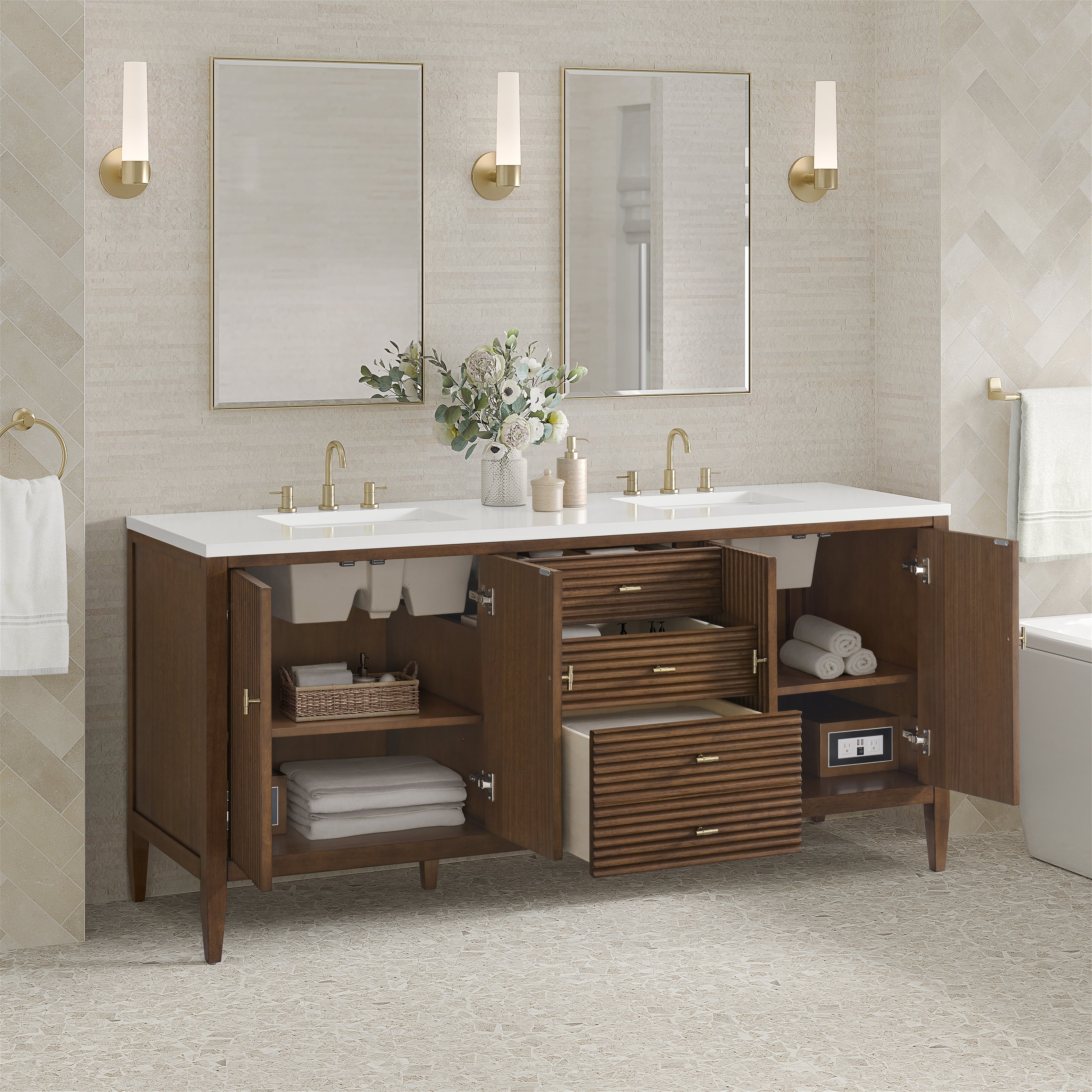 James Martin Myrrin 72" Double Vanity in Mid Century Walnut with 3cm Countertop