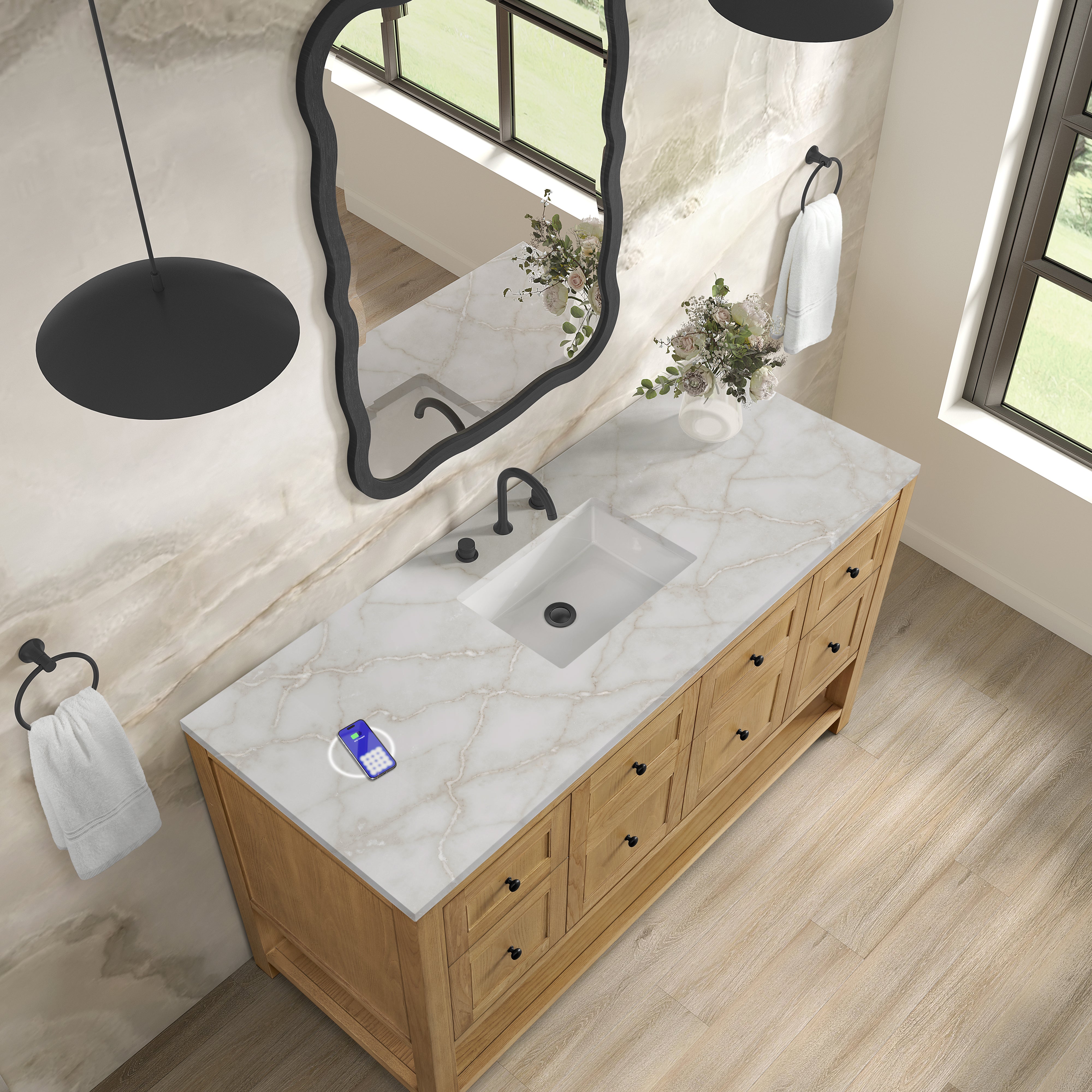 James Martin Breckenridge 60" Single Vanity in Light Natural Oak with 3cm Countertop and FreePower Wireless Charger