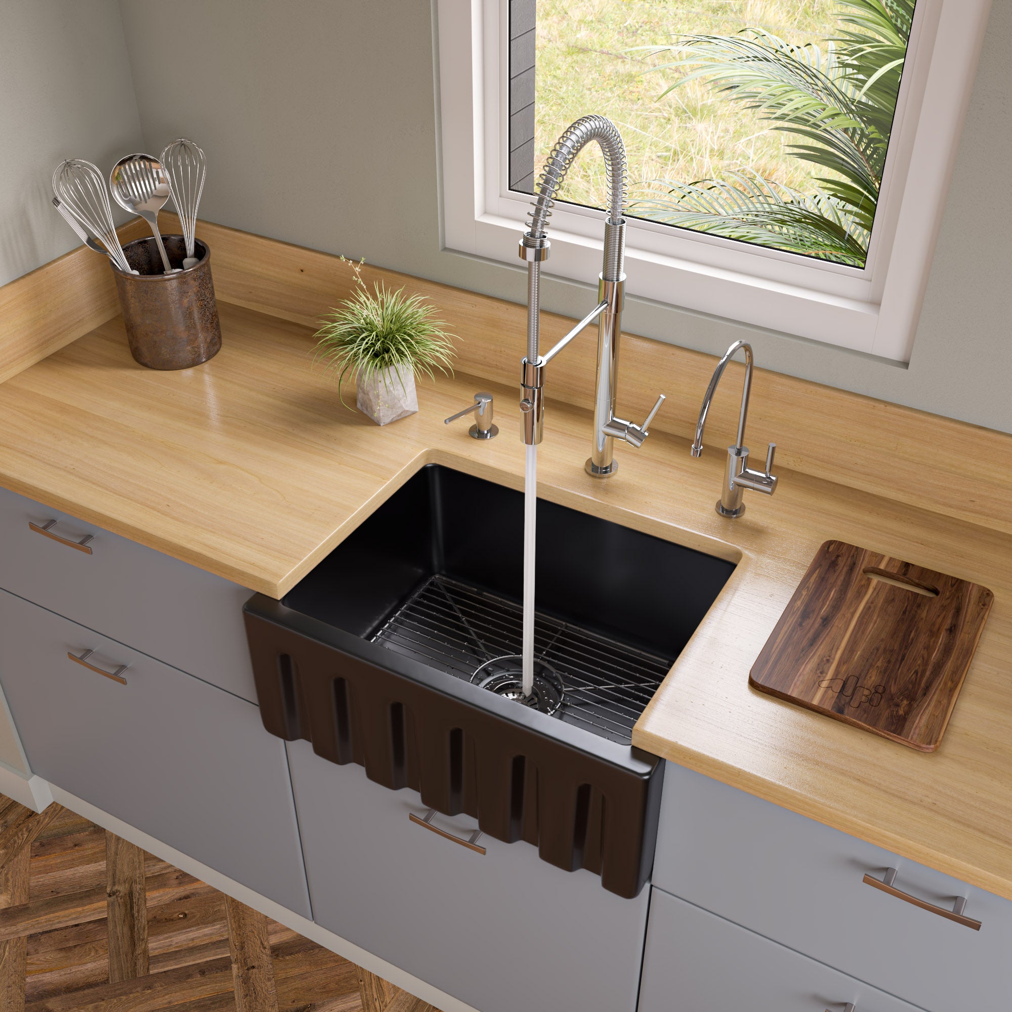 ALFI brand AB2418HS 24" Reversible Smooth / Fluted Single Bowl Fireclay Farm Sink – Biscuit, Black Gloss, Black Matte, White
