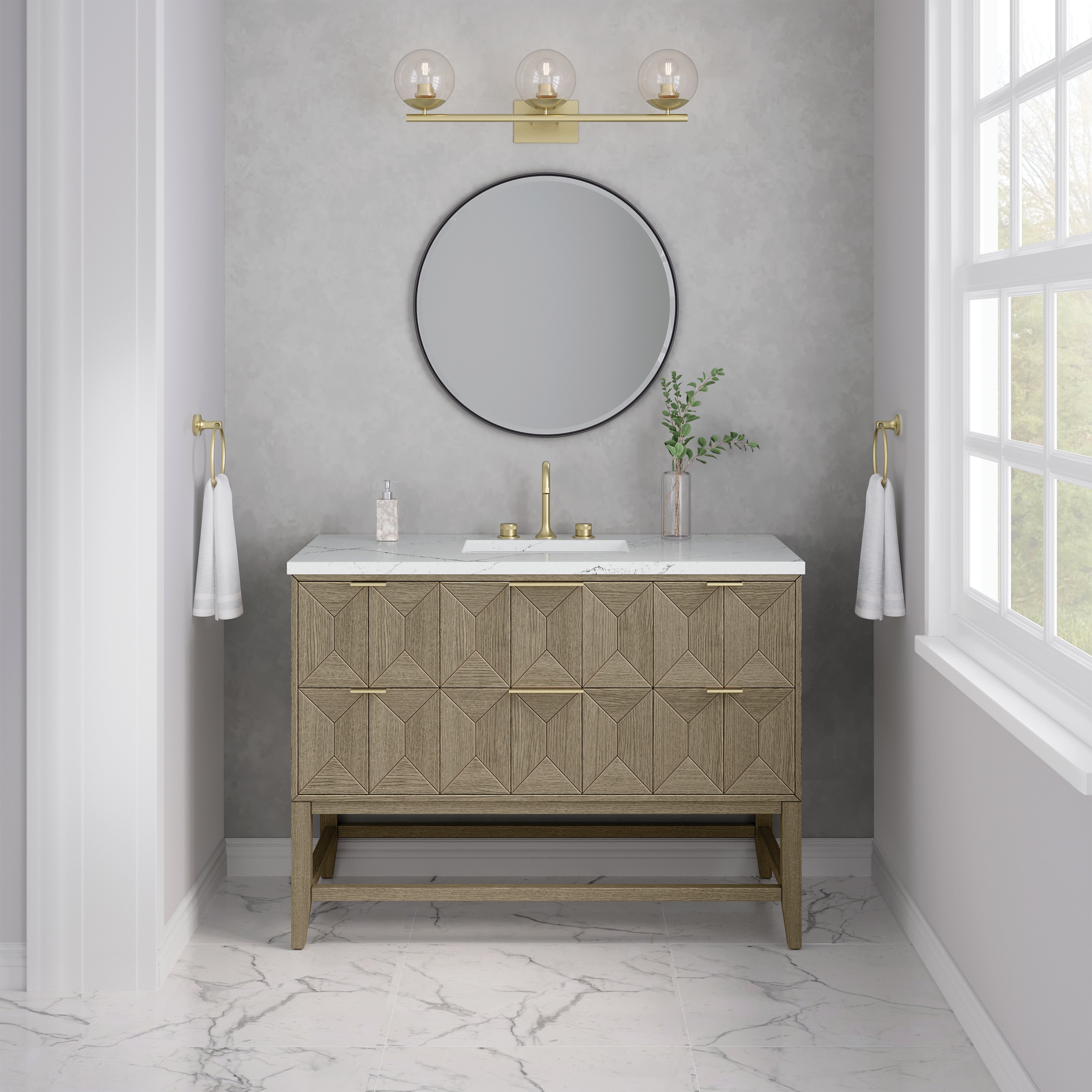 James Martin Emmeline 48" Single Vanity in Pebble Oak with 3cm Countertop and FreePower Wireless Charger
