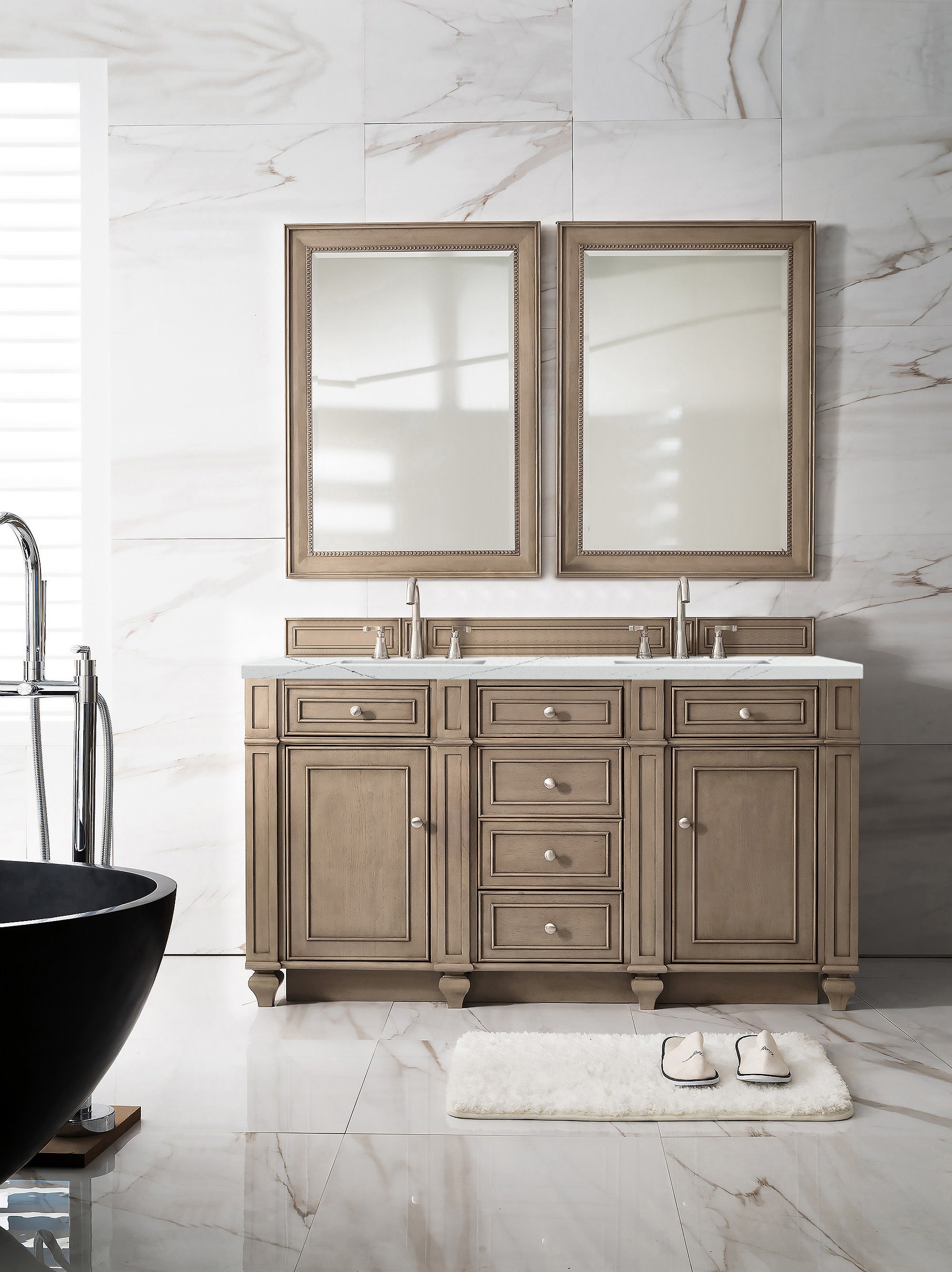 James Martin Bristol 60" Double Vanity in Whitewashed Walnut with 3cm Countertop and FreePower Wireless Charger