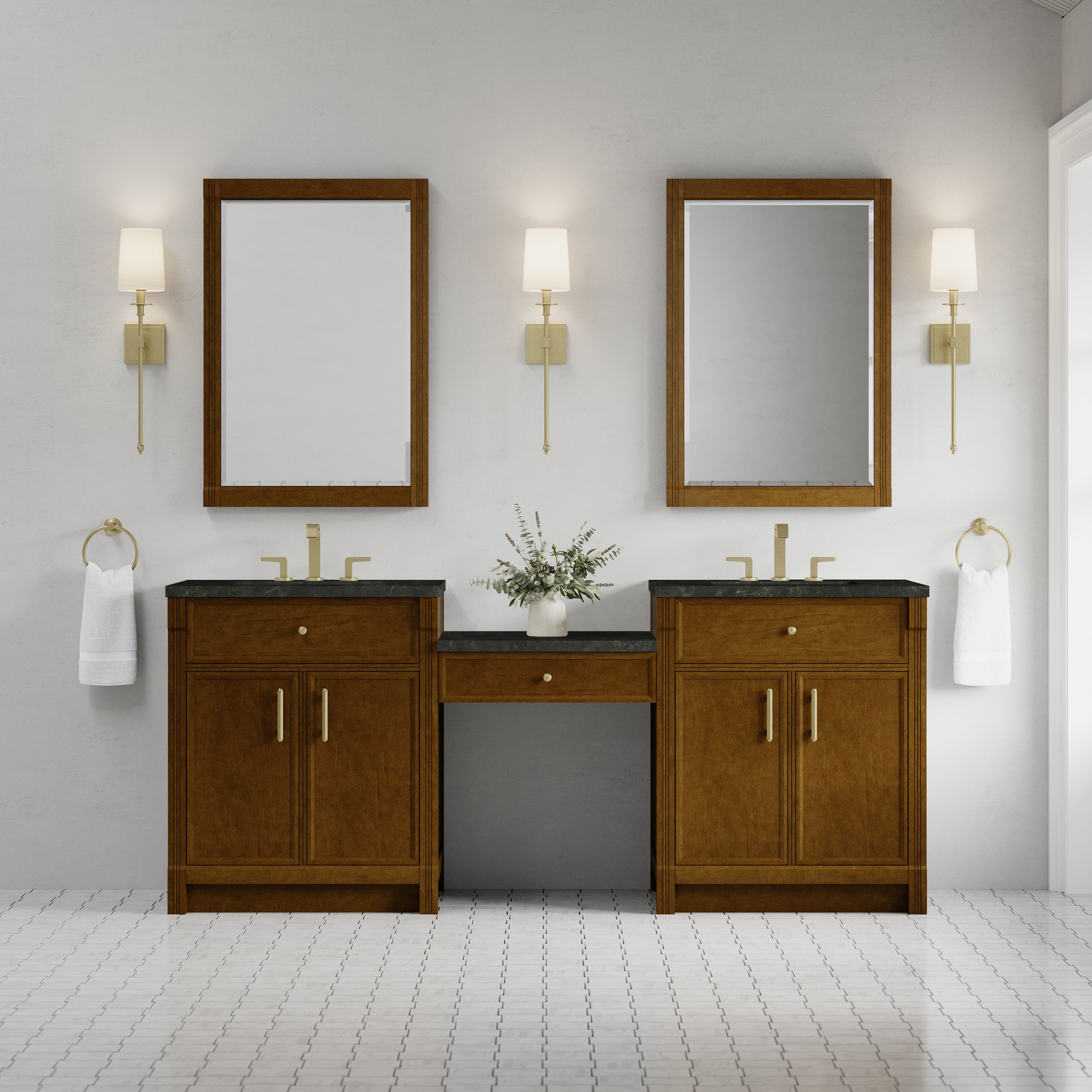 James Martin Bellshire 84" Dual Vanity Set with 24" Make-Up Counter in Honey Oak with 3cm Countertop