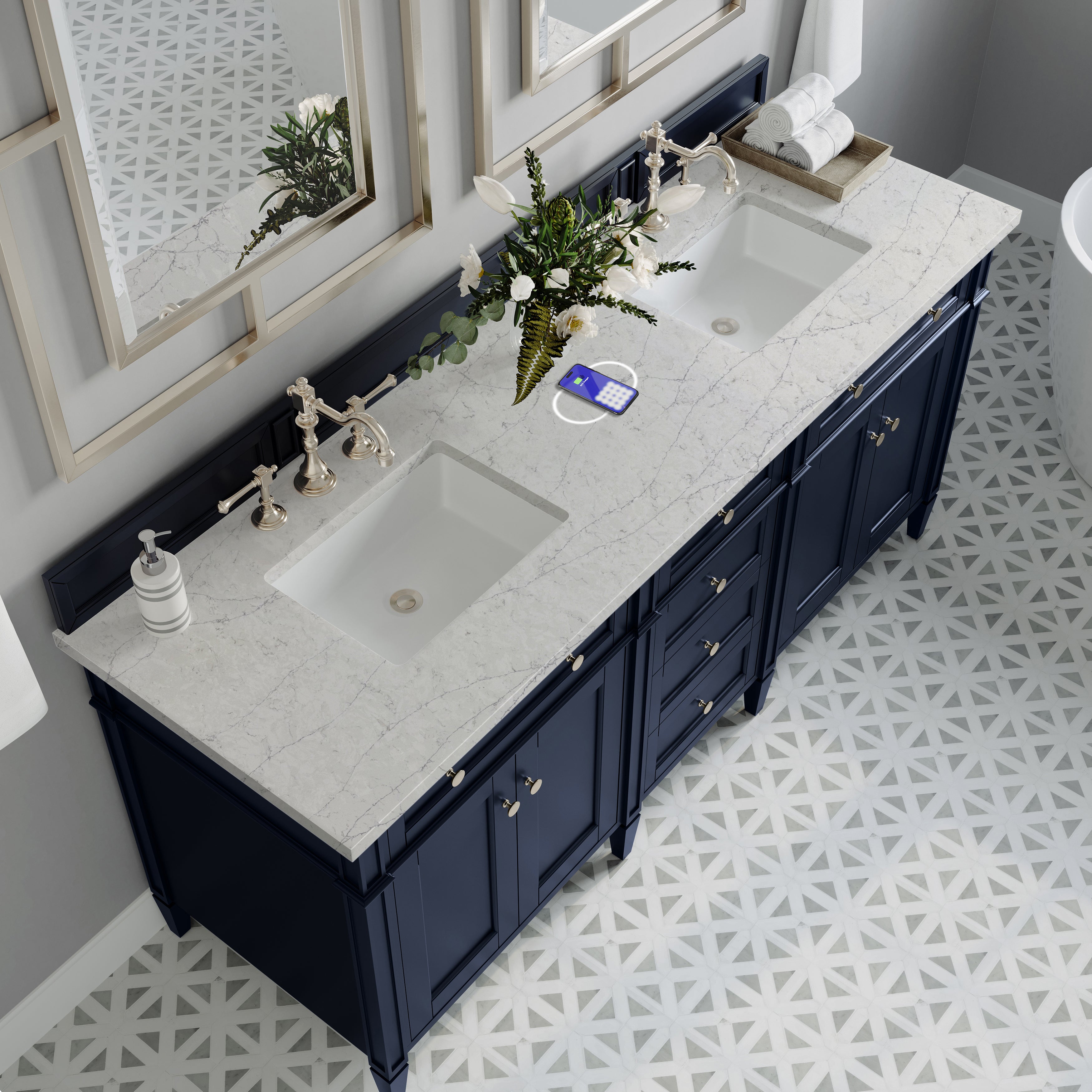James Martin Brittany 72" Double Vanity in Victory Bleu with 3cm Countertop and FreePower Wireless Charger