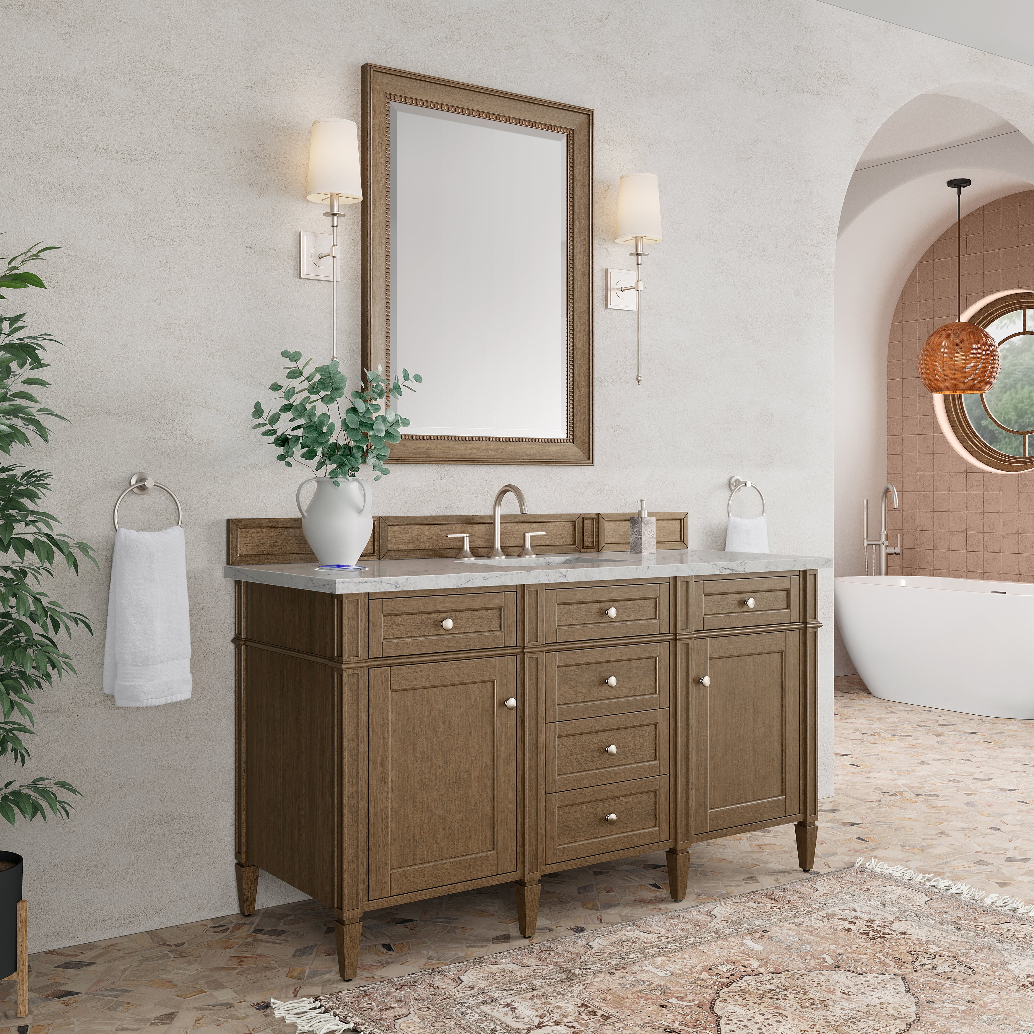 James Martin Brittany 60" Single Vanity in Saddle Brown with 3cm Countertop and FreePower Wireless Charger