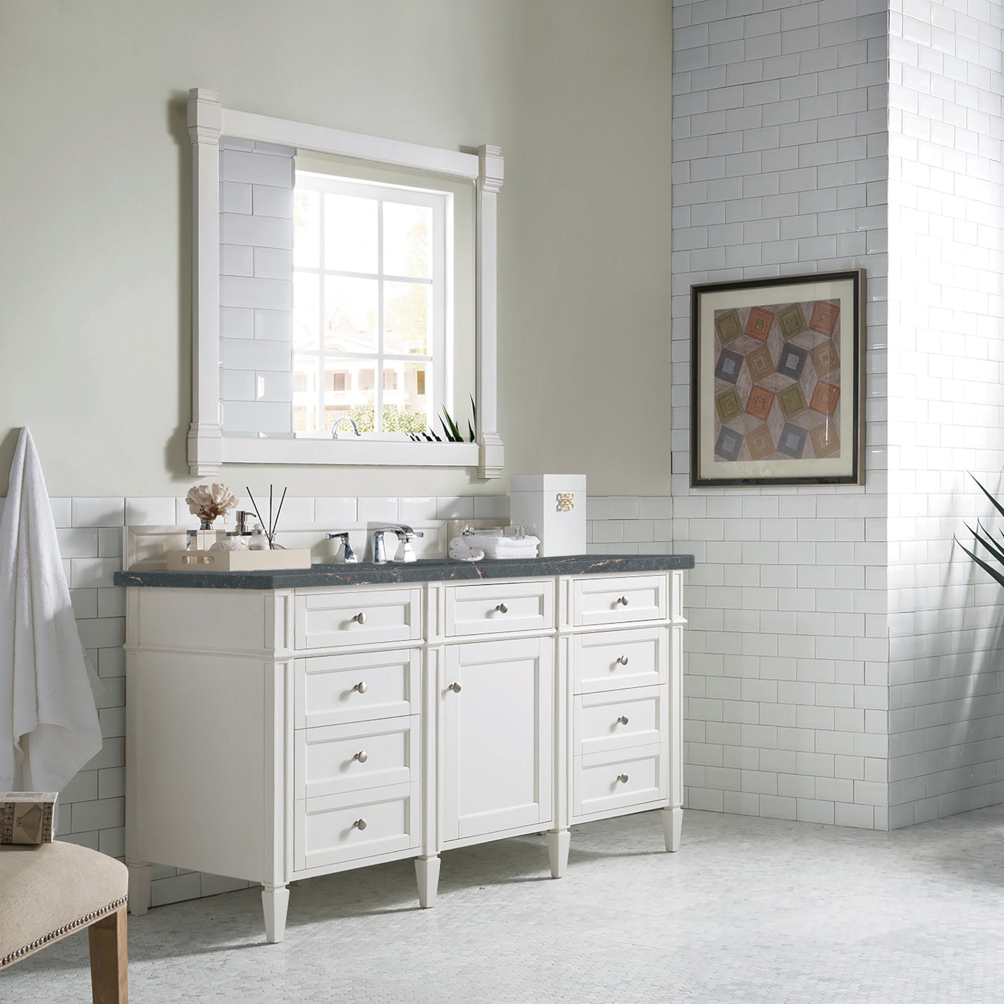 James Martin Brittany 60" Single Vanity in Bright White with 3cm Countertop and FreePower Wireless Charger