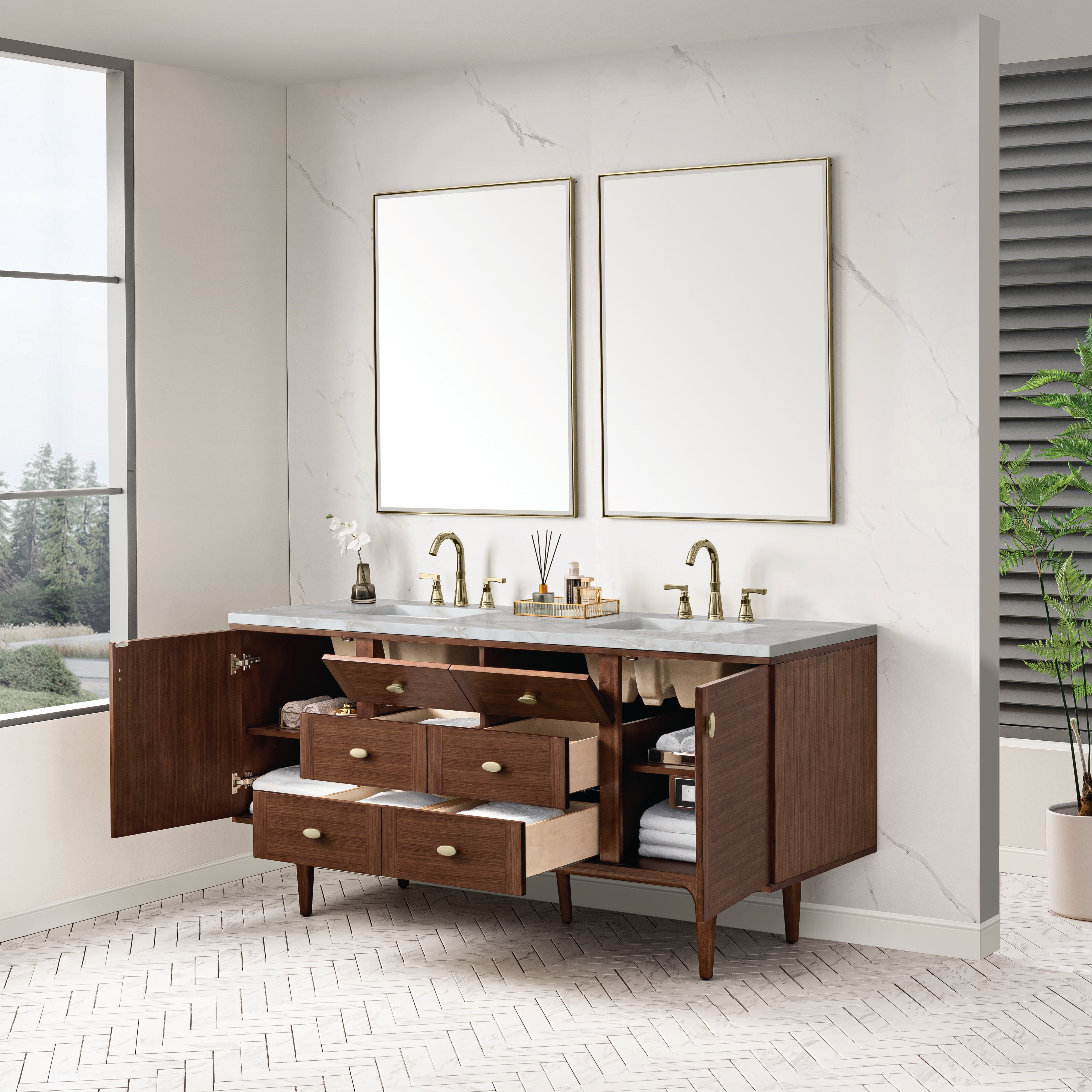 James Martin Amberly 72" Double Vanity in Mid-Century Walnut with 3cm Countertop
