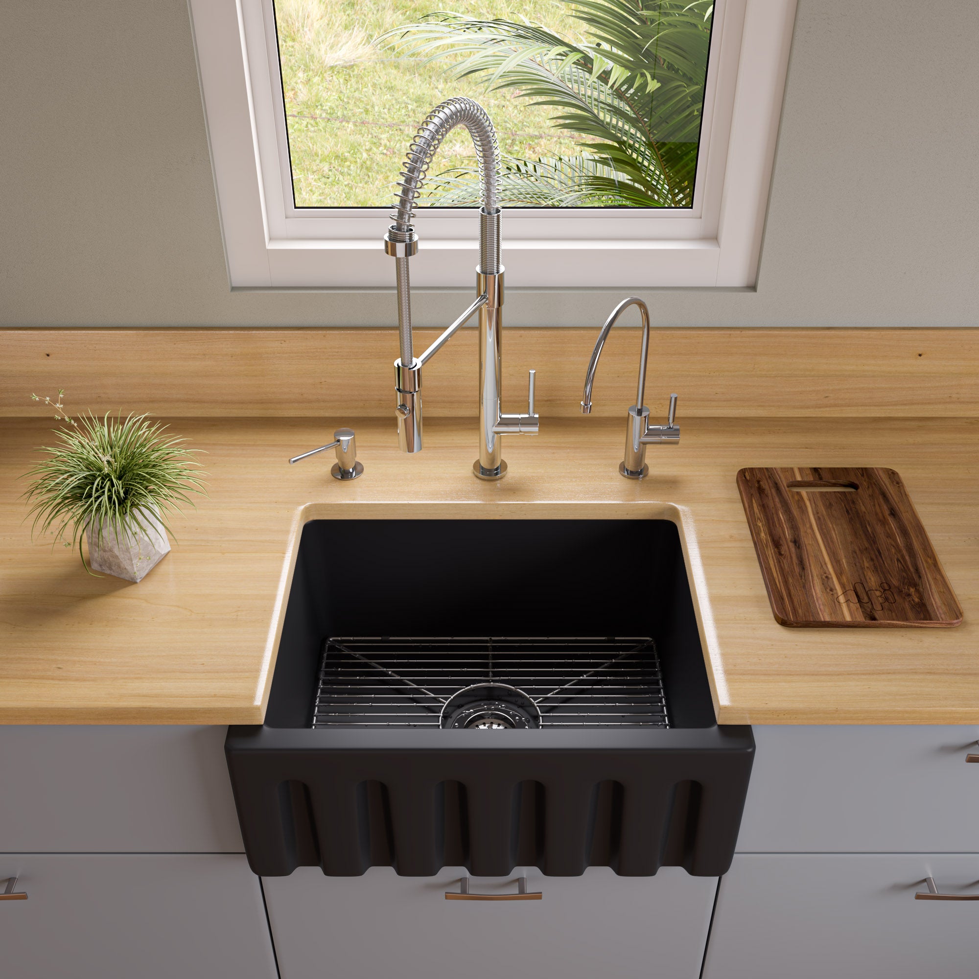 ALFI brand AB2418HS 24" Reversible Smooth / Fluted Single Bowl Fireclay Farm Sink – Biscuit, Black Gloss, Black Matte, White