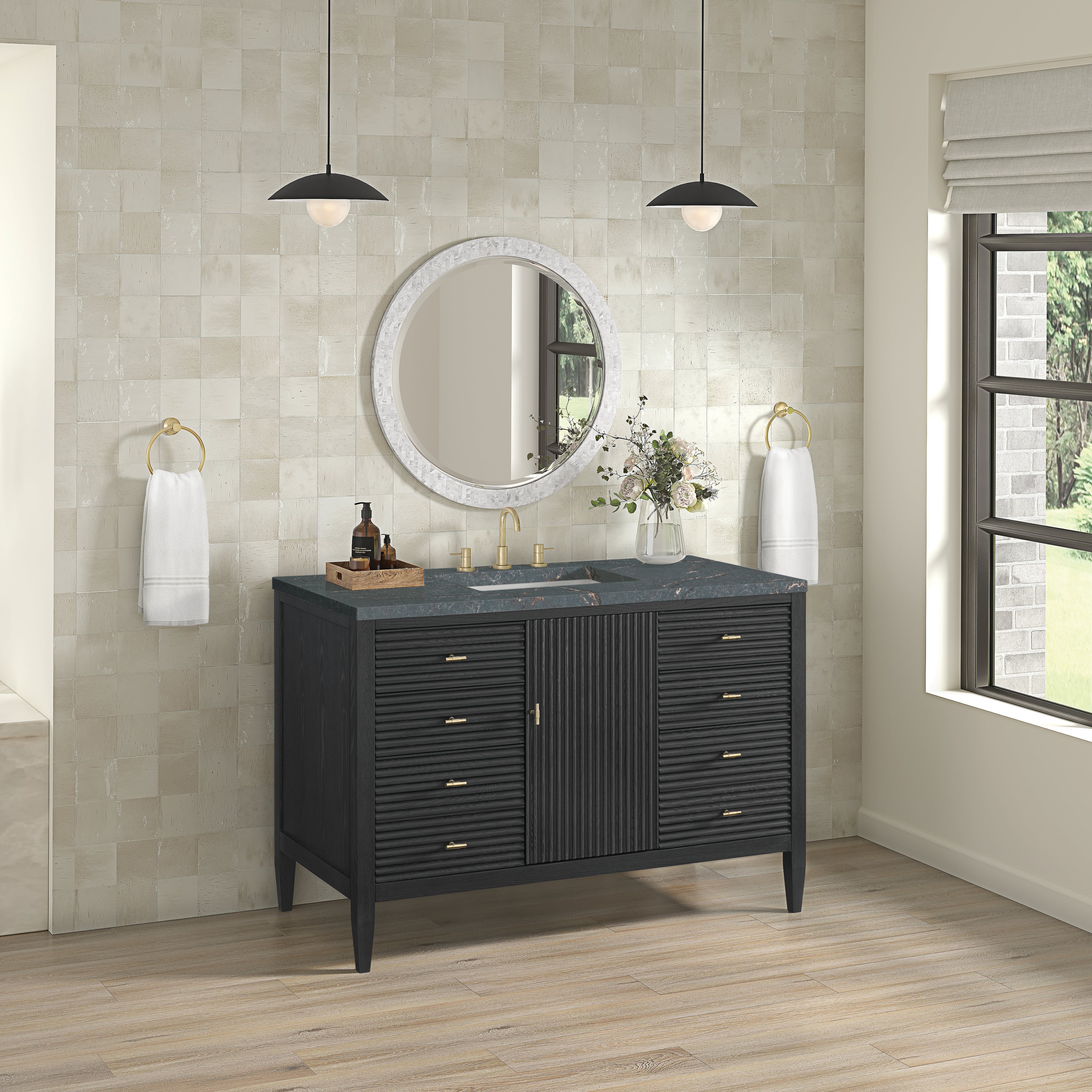James Martin Myrrin 48" Single Vanity in Carbon Oak with 3cm Countertop and FreePower Wireless Charger