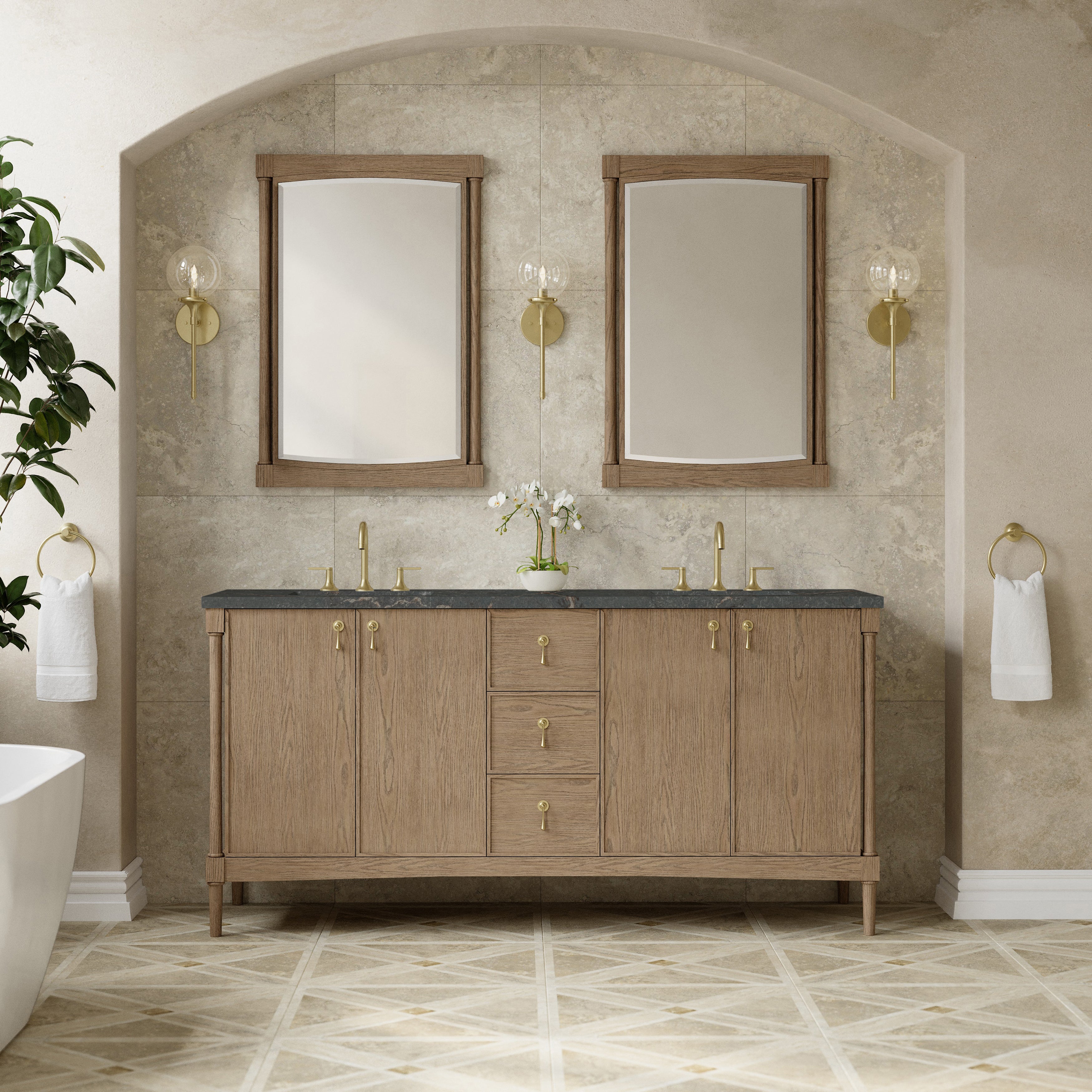 James Martin Kinnsden 72" Double Vanity in Weathered Oak with 3cm Carrara Marble Top