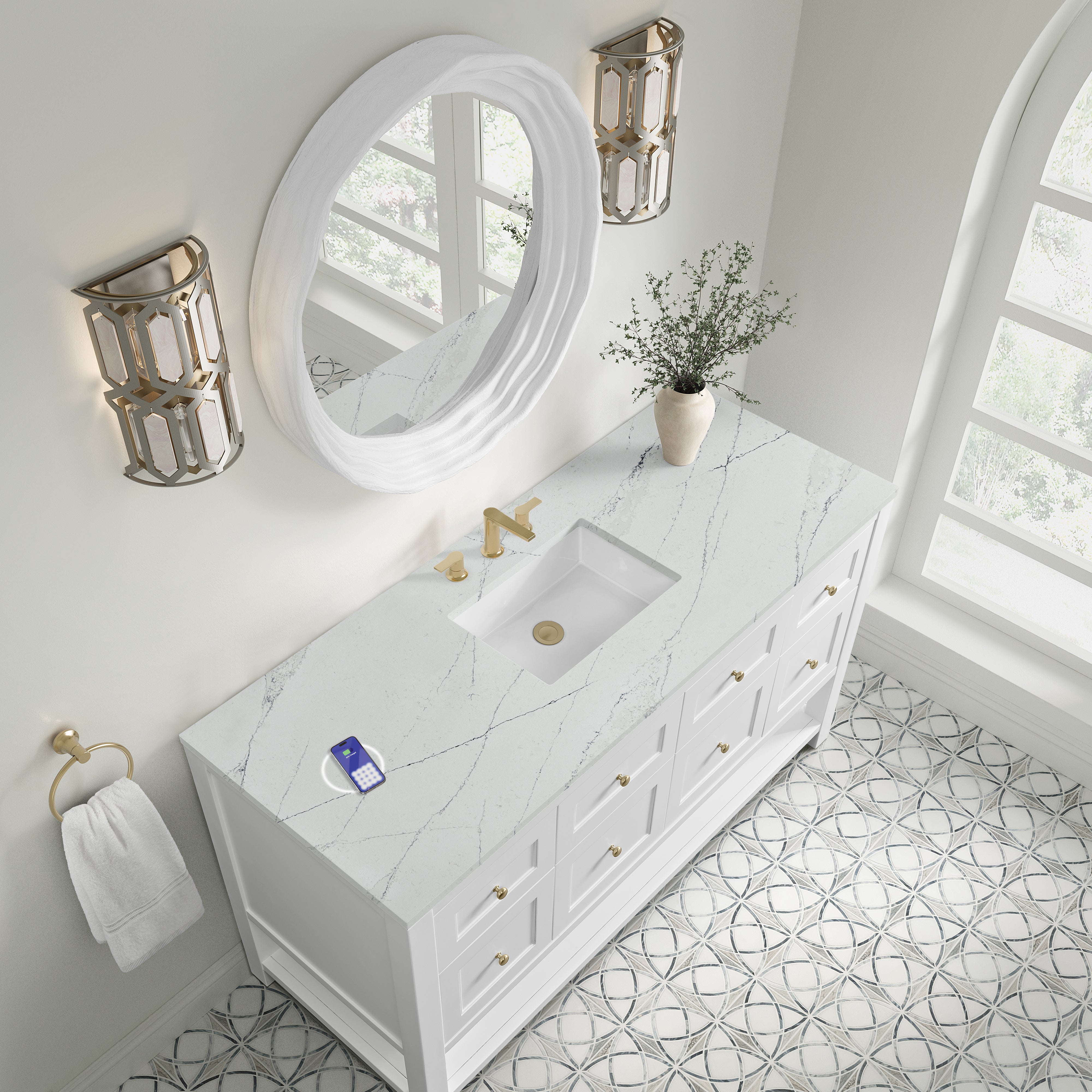 James Martin Breckenridge 60" Single Vanity in Bright White with 3cm Countertop and FreePower Wireless Charger