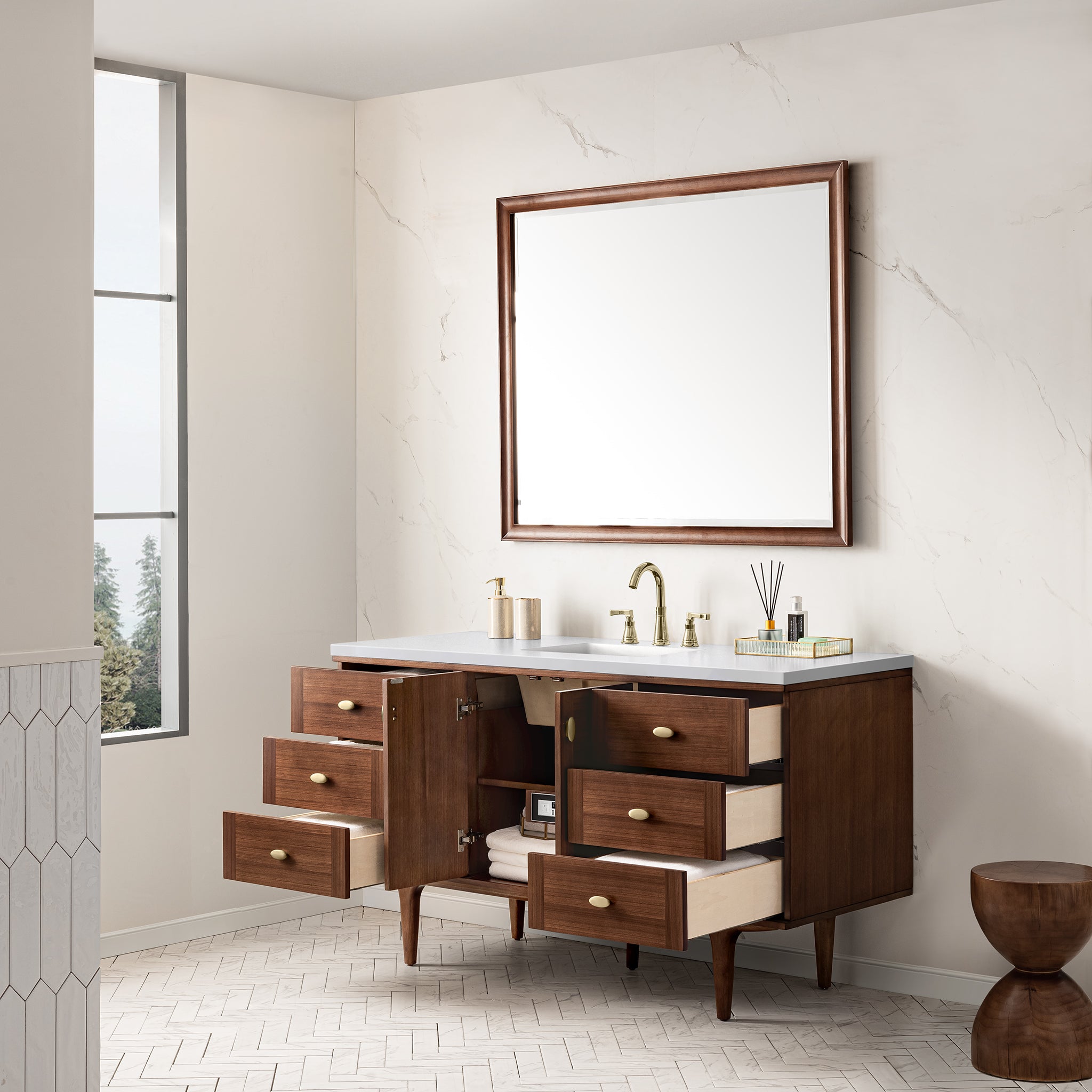 James Martin Amberly 60" Single Vanity in Mid-Century Walnut with 3cm Countertop