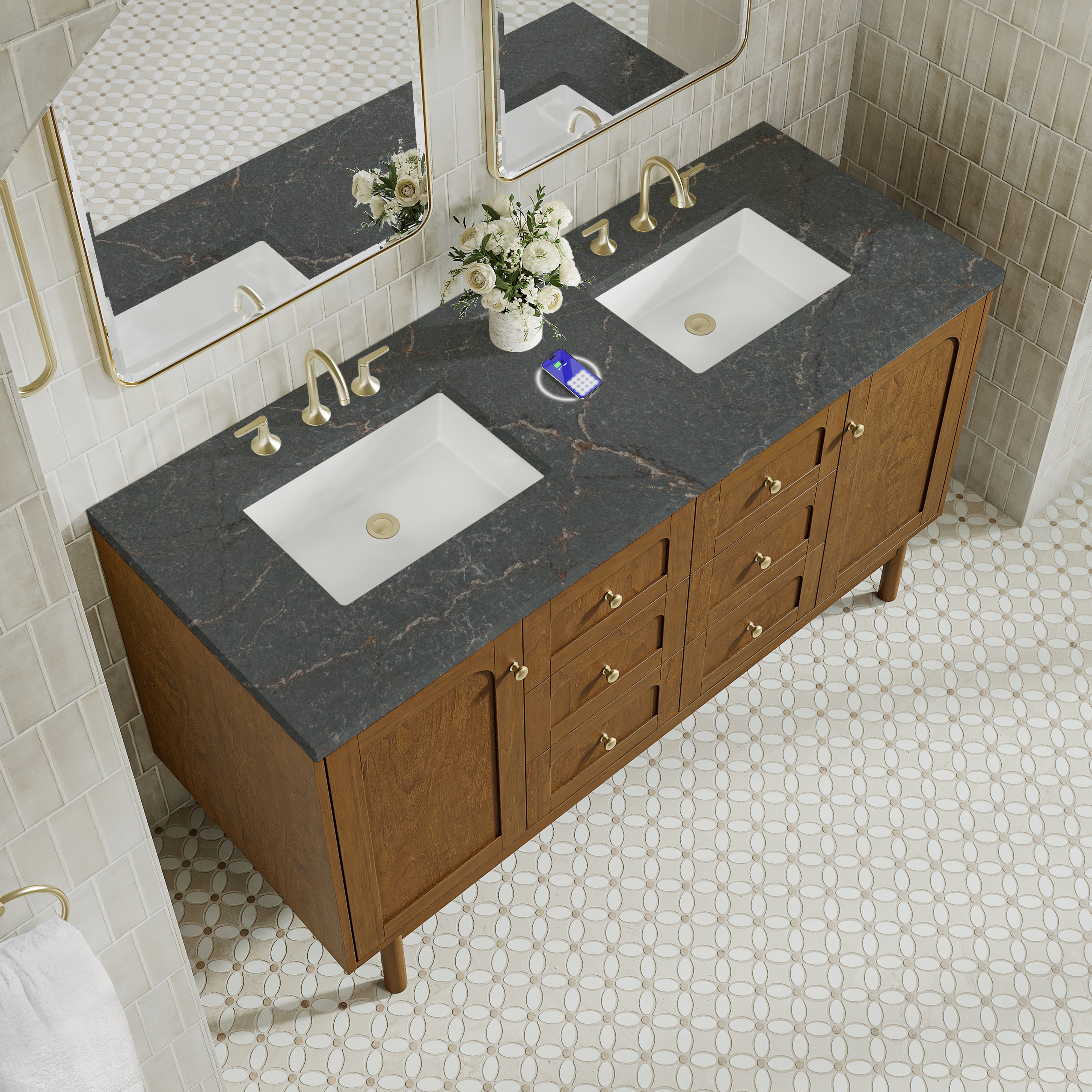 James Martin Laurent 60" Double Vanity in Honey Oak with 3cm Countertop and FreePower Wireless Charger