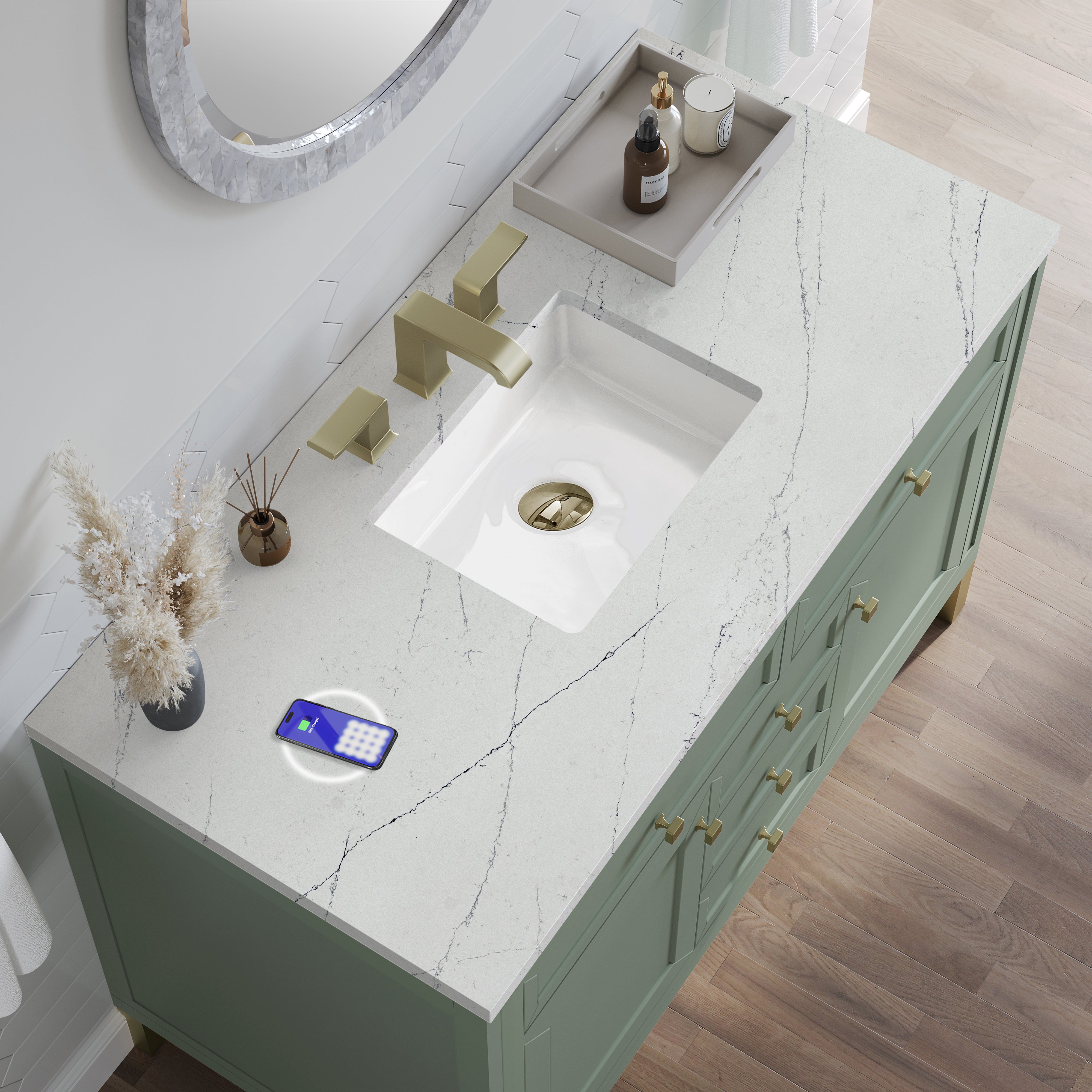 James Martin Chicago 48" Single Vanity in Smokey Celadon with 3cm Countertop and FreePower Wireless Charger