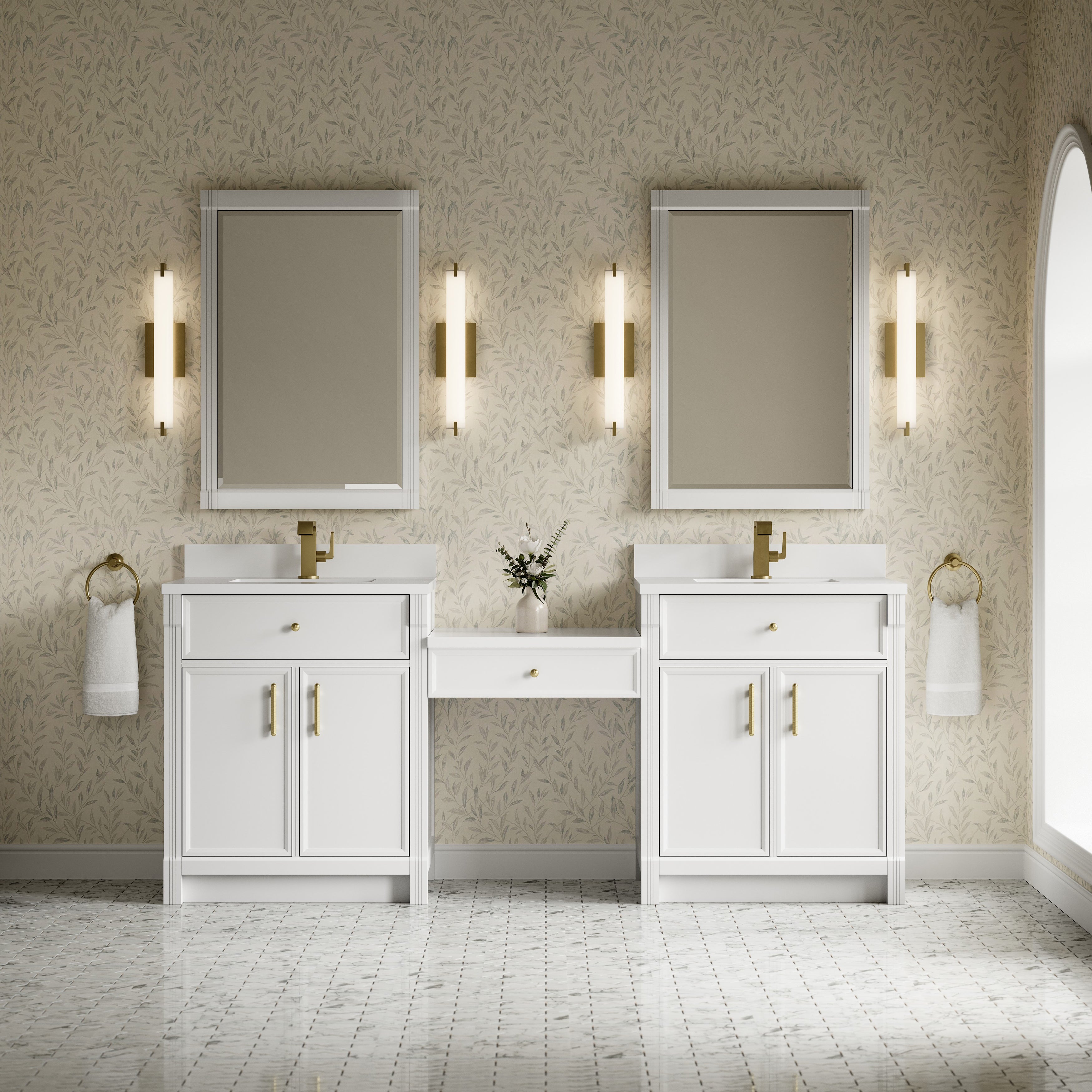 James Martin Bellshire 84" Dual Vanity Set with 24" Make-Up Counter in Bright White with 3cm Countertop