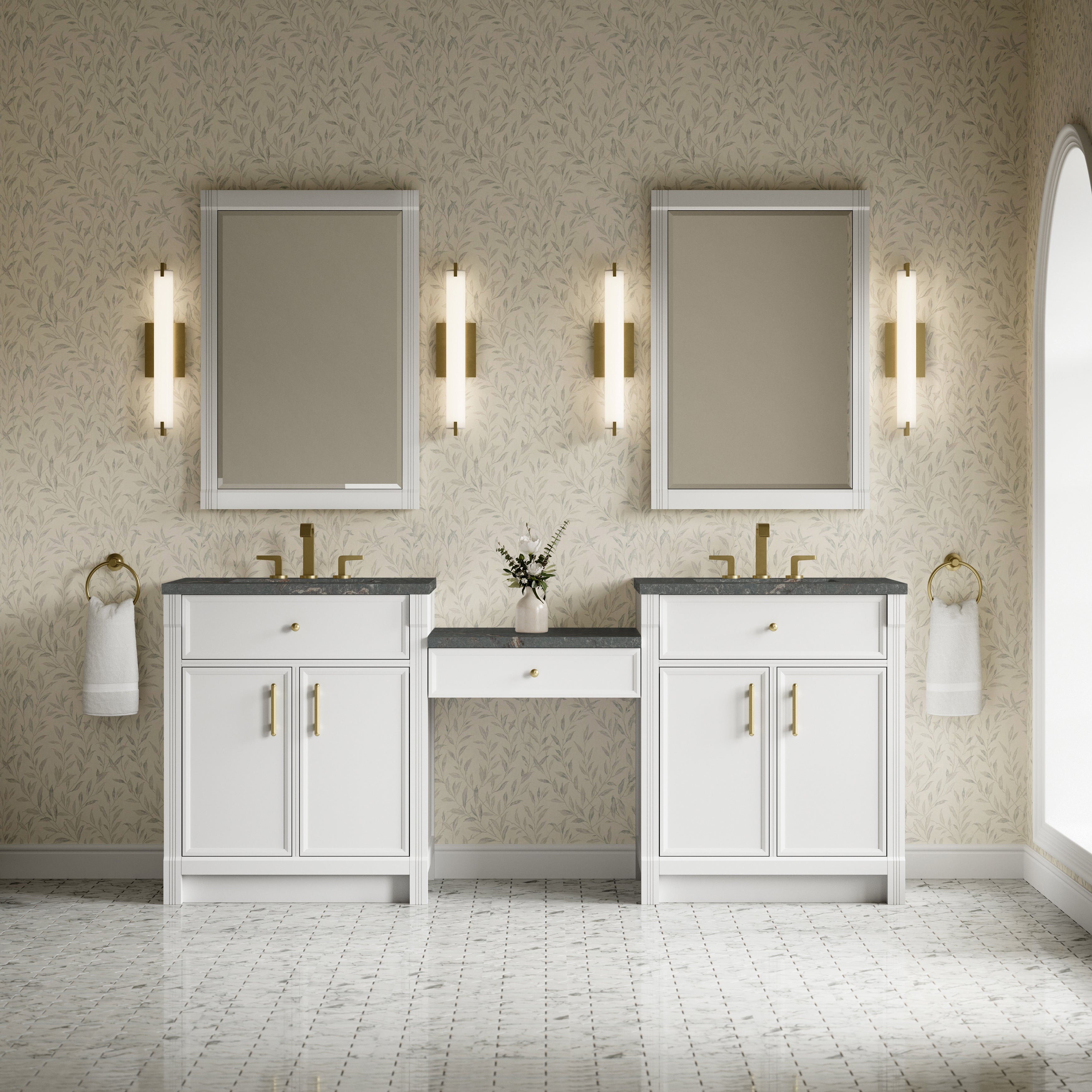 James Martin Bellshire 84" Dual Vanity Set with 24" Make-Up Counter in Bright White with 3cm Countertop