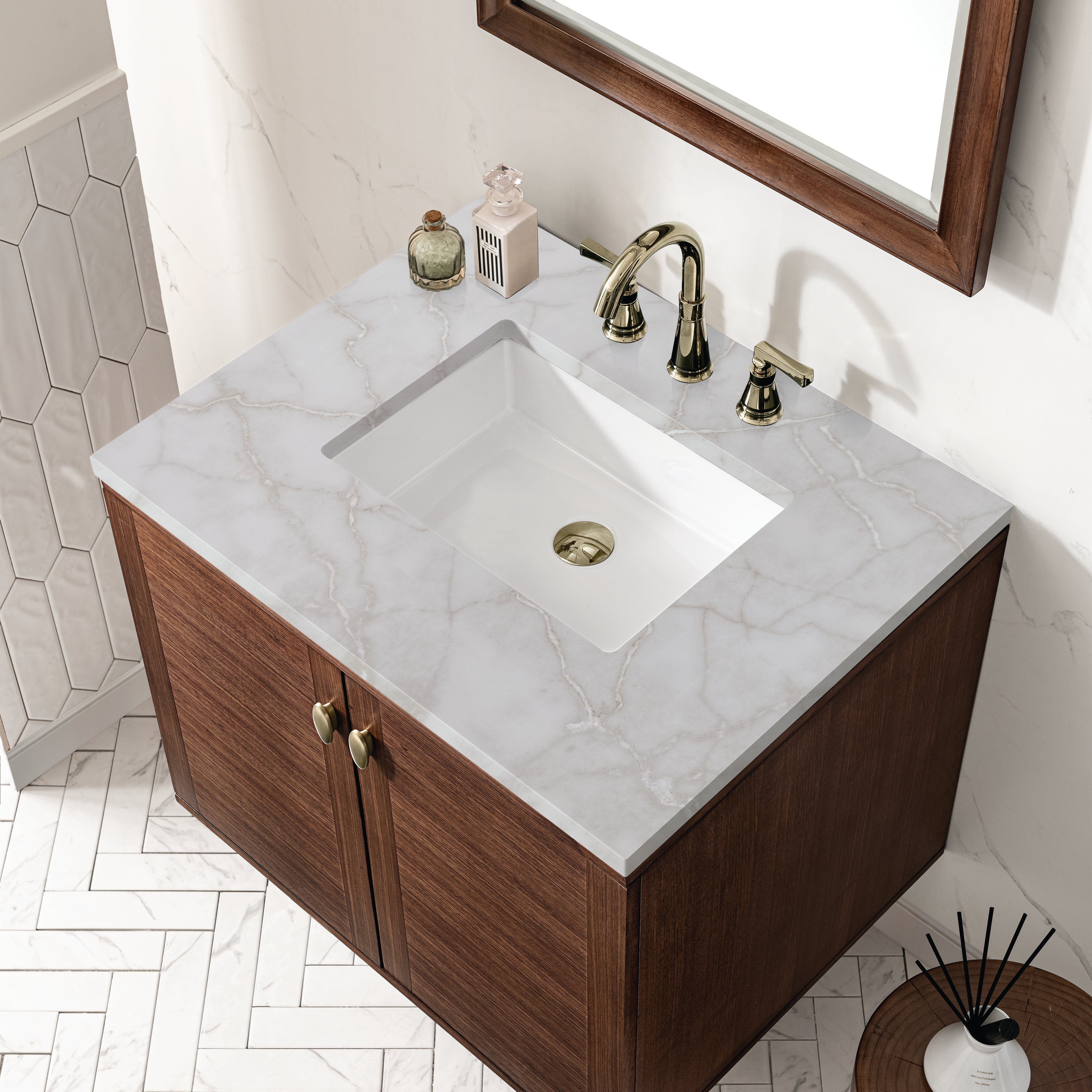 James Martin Amberly 30" Single Vanity in Mid-Century Walnut with 3cm Countertop