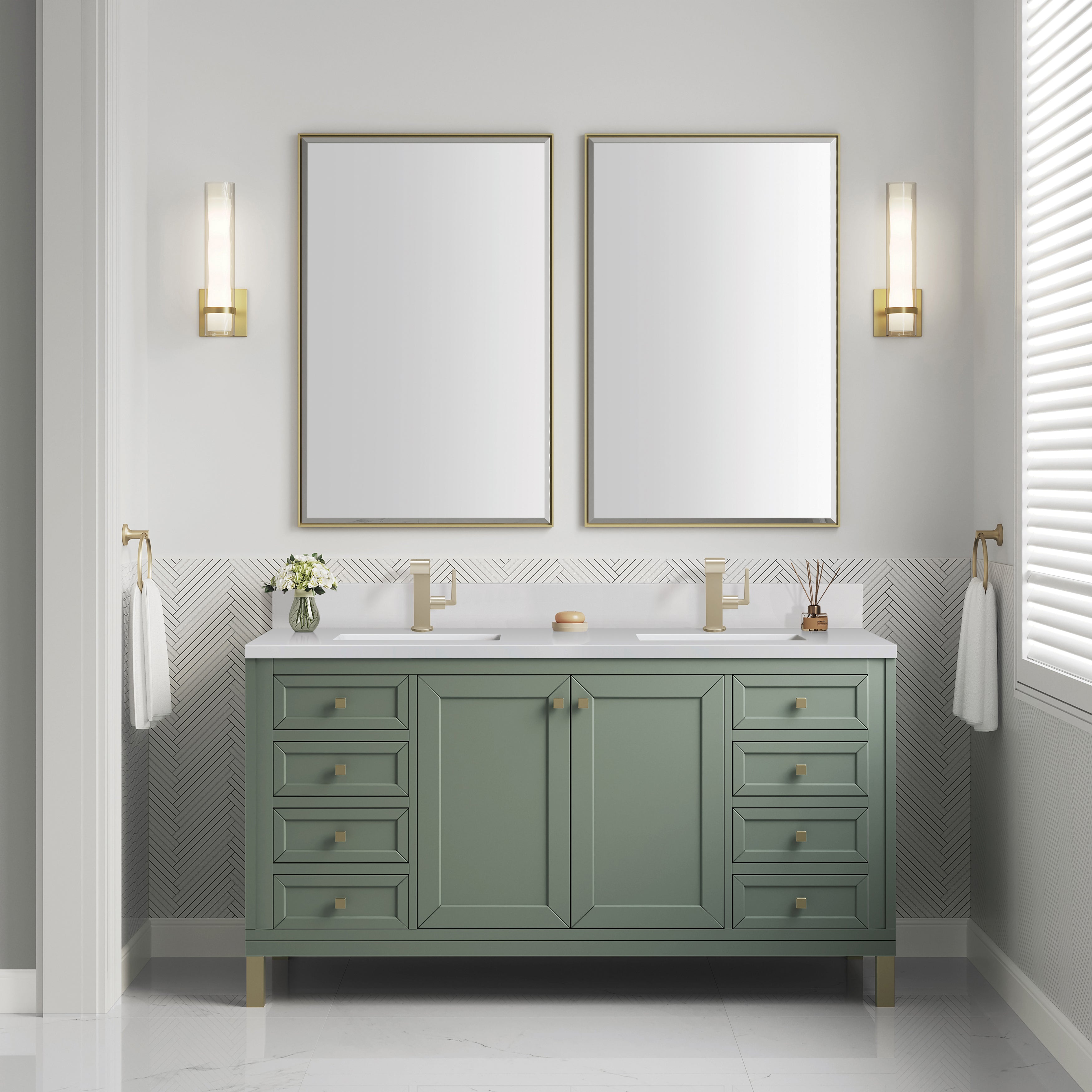 James Martin Chicago 60" Double Vanity in Smokey Celadon with 3cm Countertop