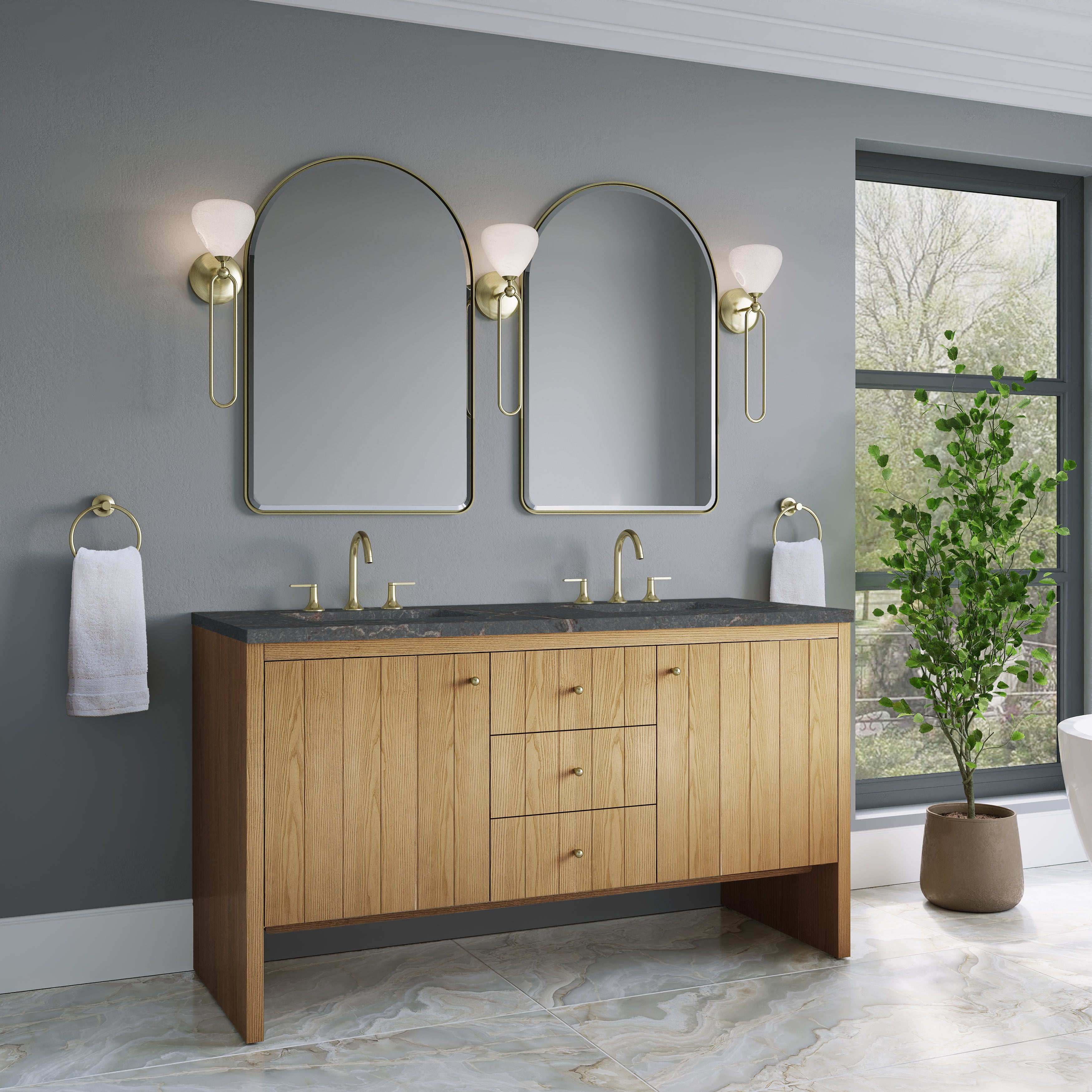 James Martin Hudson 60" Double Vanity in Light Natural Oak with 3cm Countertop and FreePower Wireless Charger