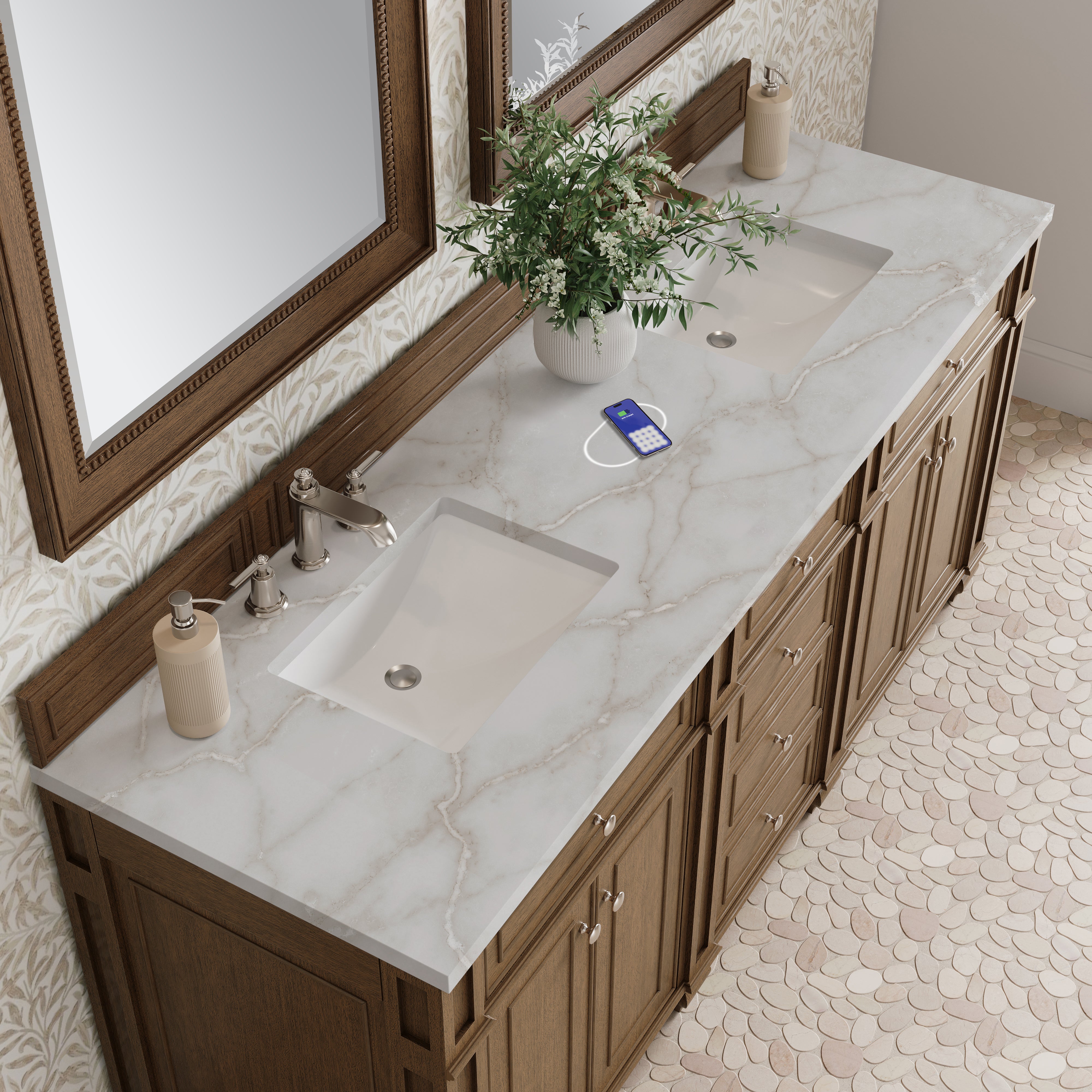 James Martin Bristol 72" Double Vanity in Saddle Brown with 3cm Countertop and FreePower Wireless Charger