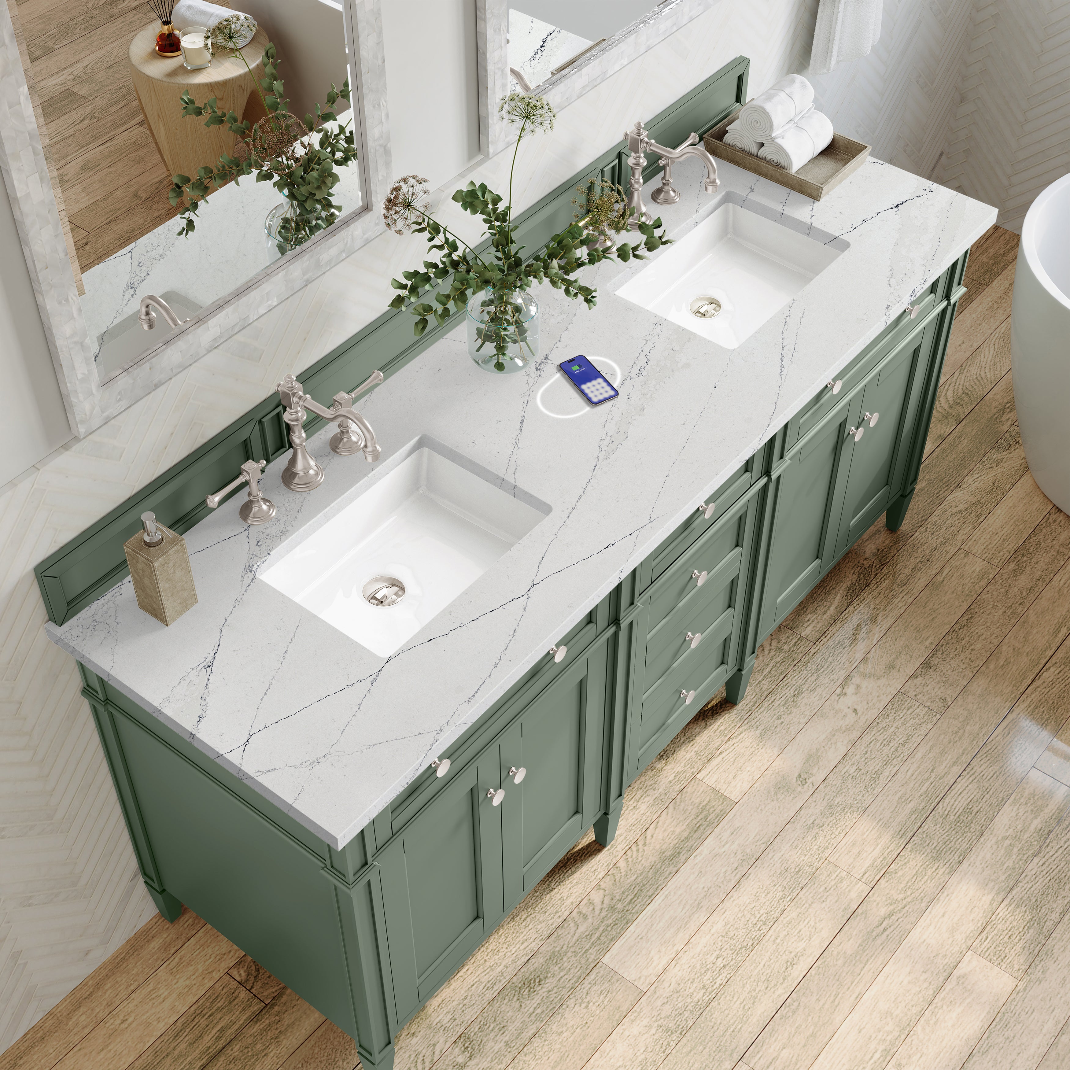 James Martin Brittany 72" Double Vanity in Smokey Celadon with 3cm Countertop and FreePower Wireless Charger