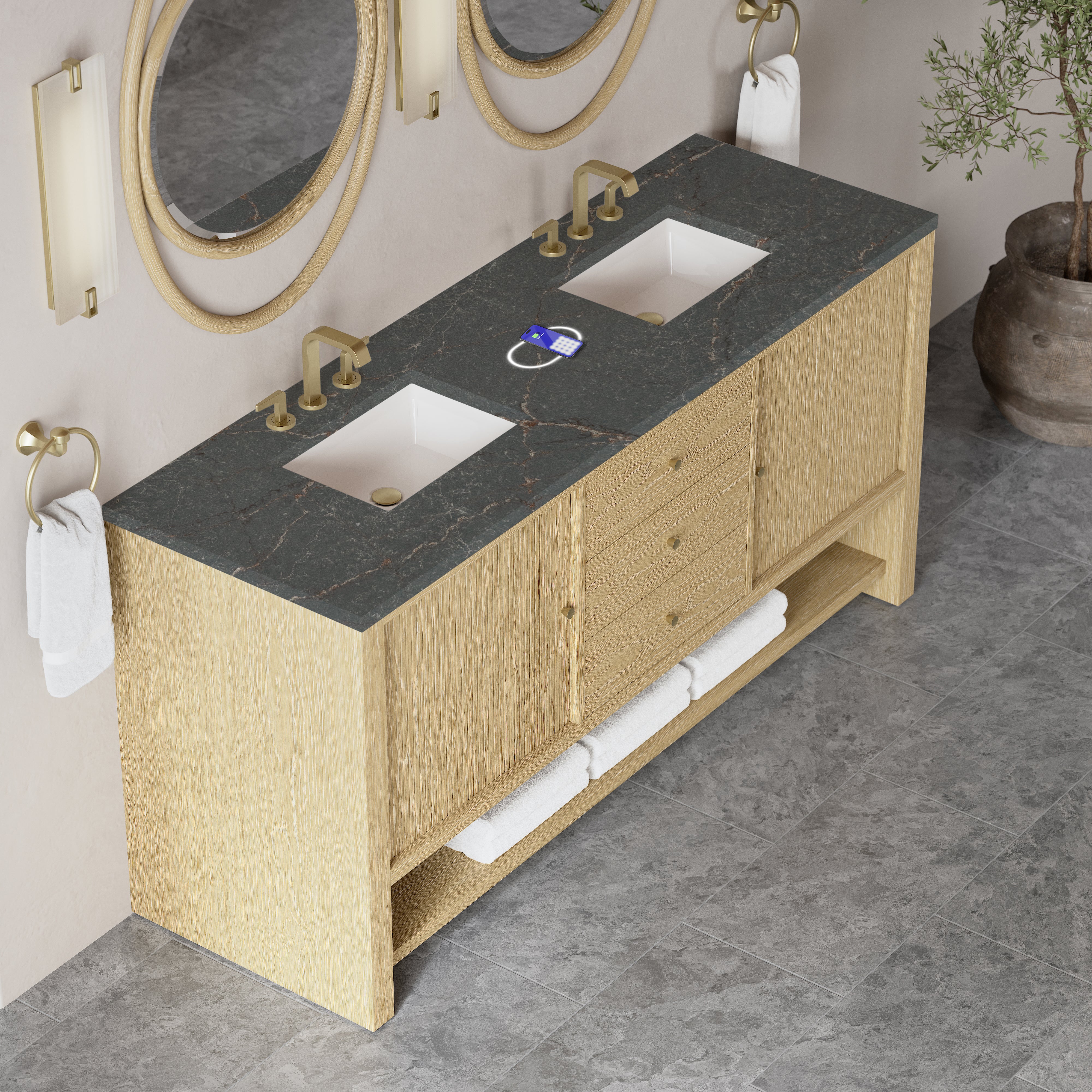 James Martin Marigot 72" Double Vanity in Sunwashed Oak with 3cm Countertop and FreePower Wireless Charger