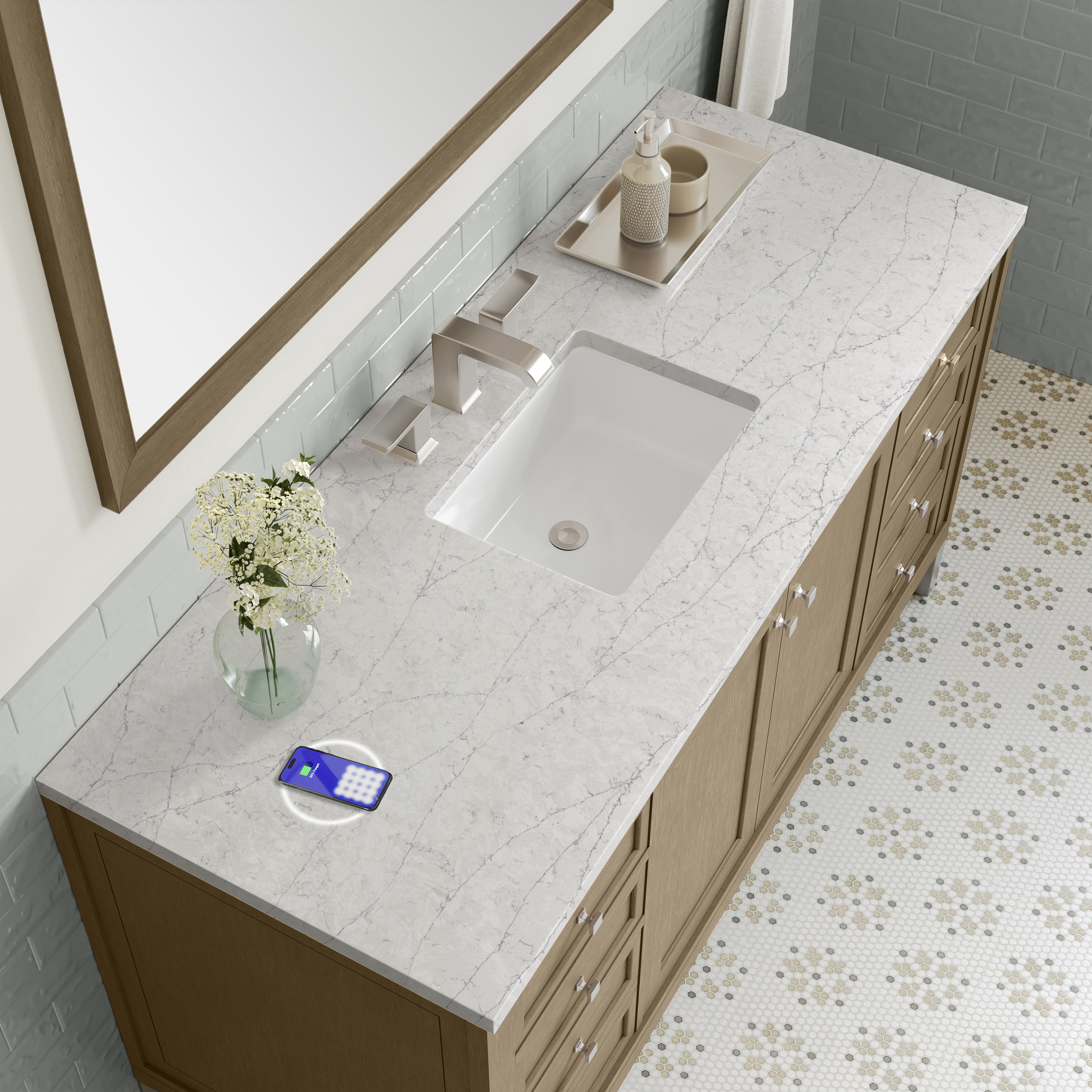 James Martin Chicago 60" Single Vanity in Walnut Whisper with 3cm Countertop and FreePower Wireless Charger