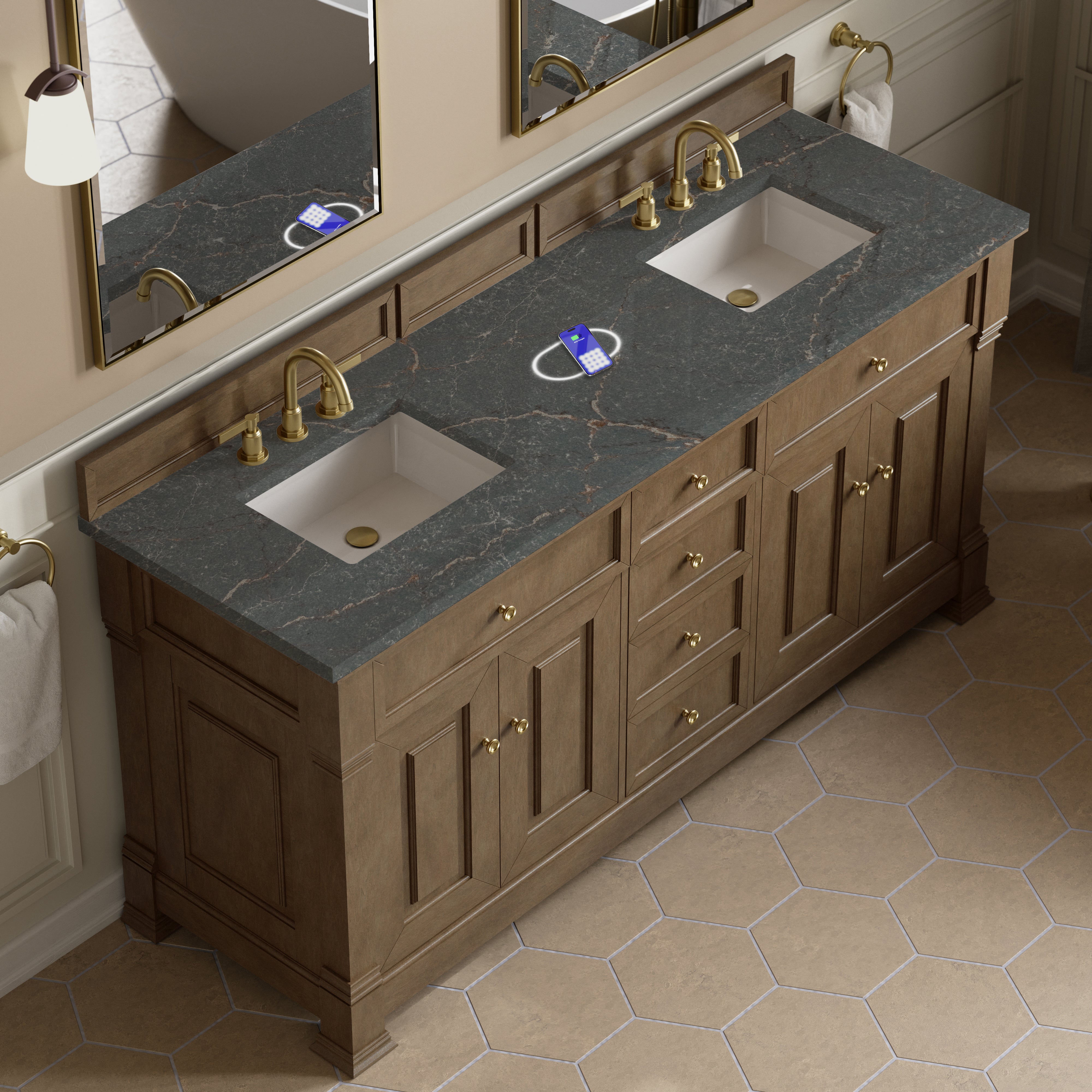 James Martin Brookfield 72" Double Vanity in Pecan with 3cm Countertop and FreePower Wireless Charger