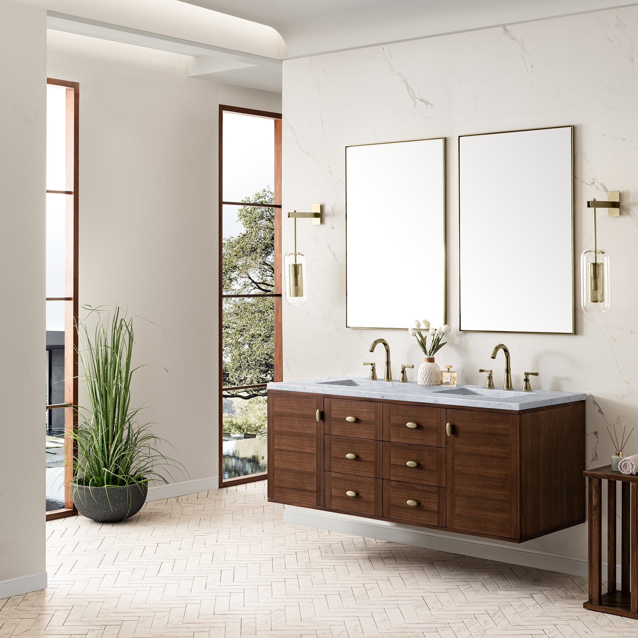 James Martin Amberly 60" Double Vanity in Mid-Century Walnut with 3cm Countertop