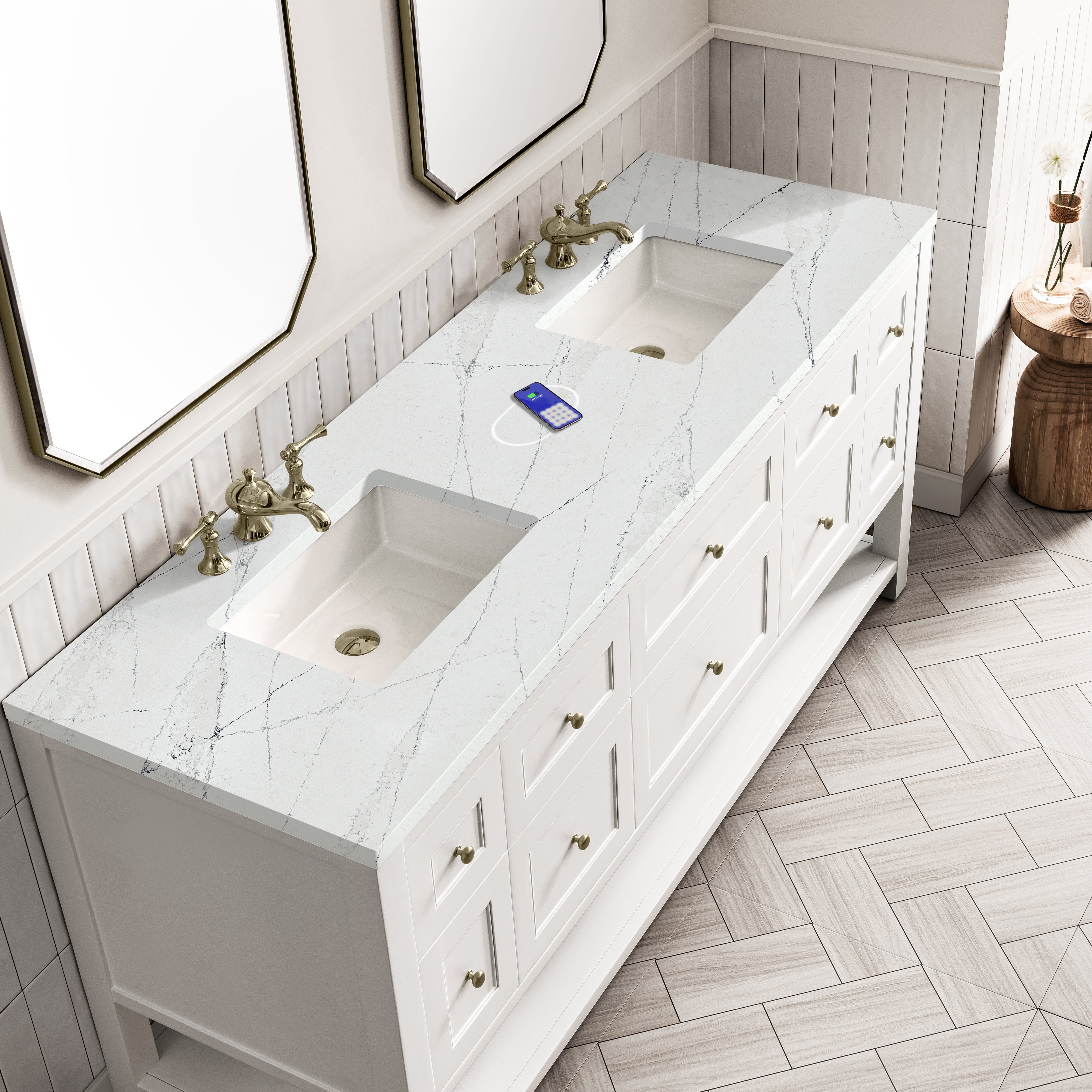 James Martin Breckenridge 72" Double Vanity in Bright White with 3cm Countertop and FreePower Wireless Charger