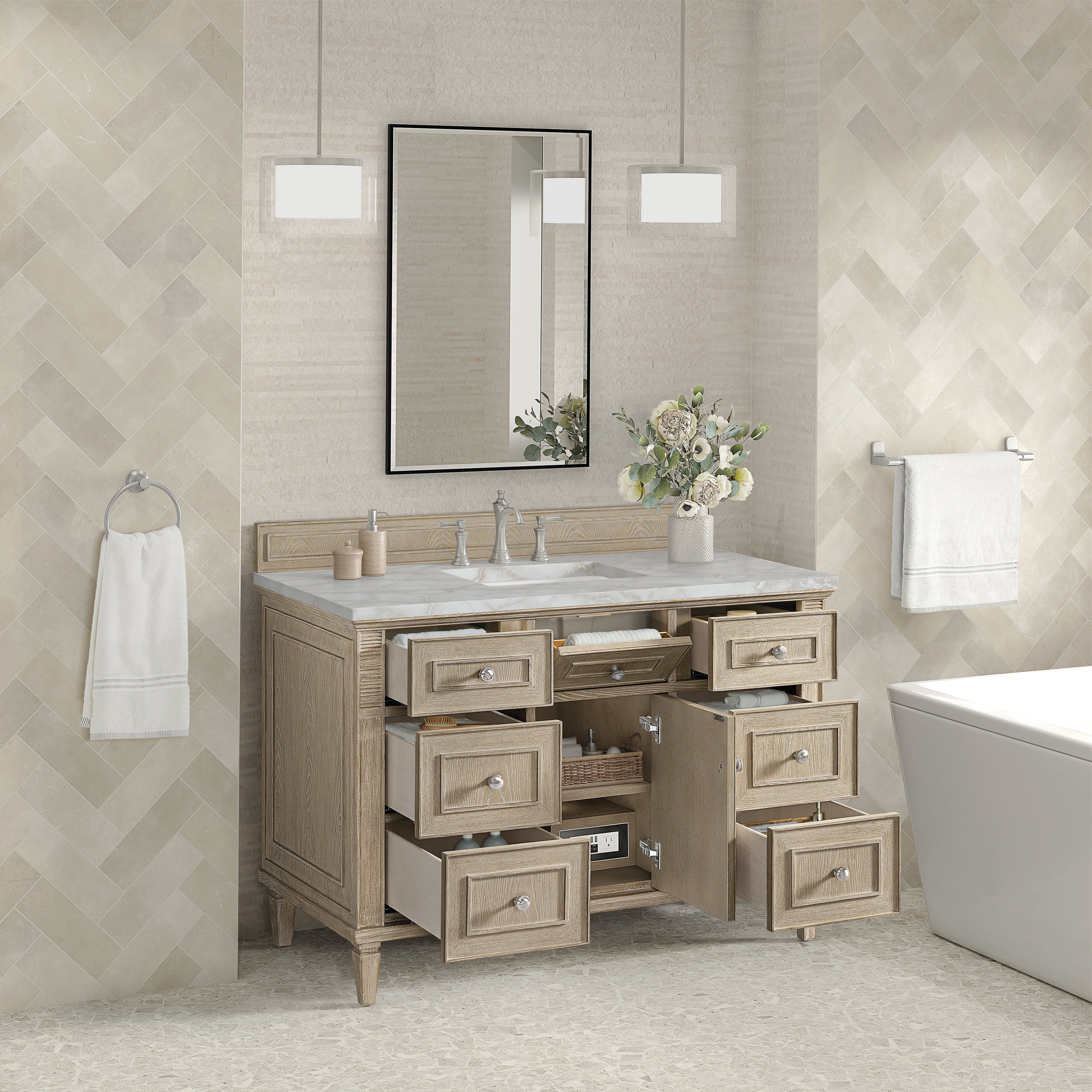 James Martin Lorelai 48" Single Vanity in Whitewashed Oak with 3cm Countertop and FreePower Wireless Charger