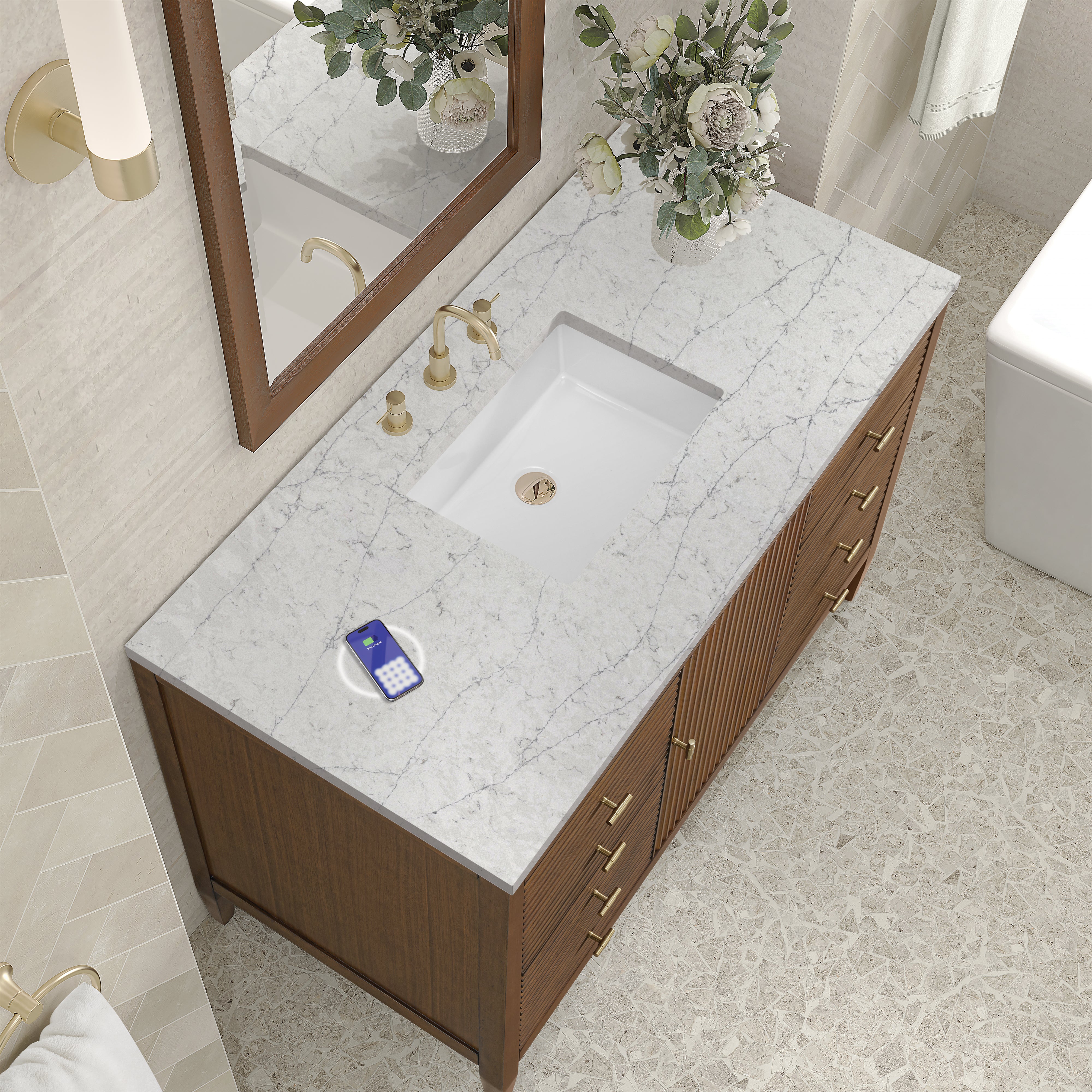 James Martin Myrrin 48" Single Vanity in Mid Century Walnut with 3cm Countertop and FreePower Wireless Charger