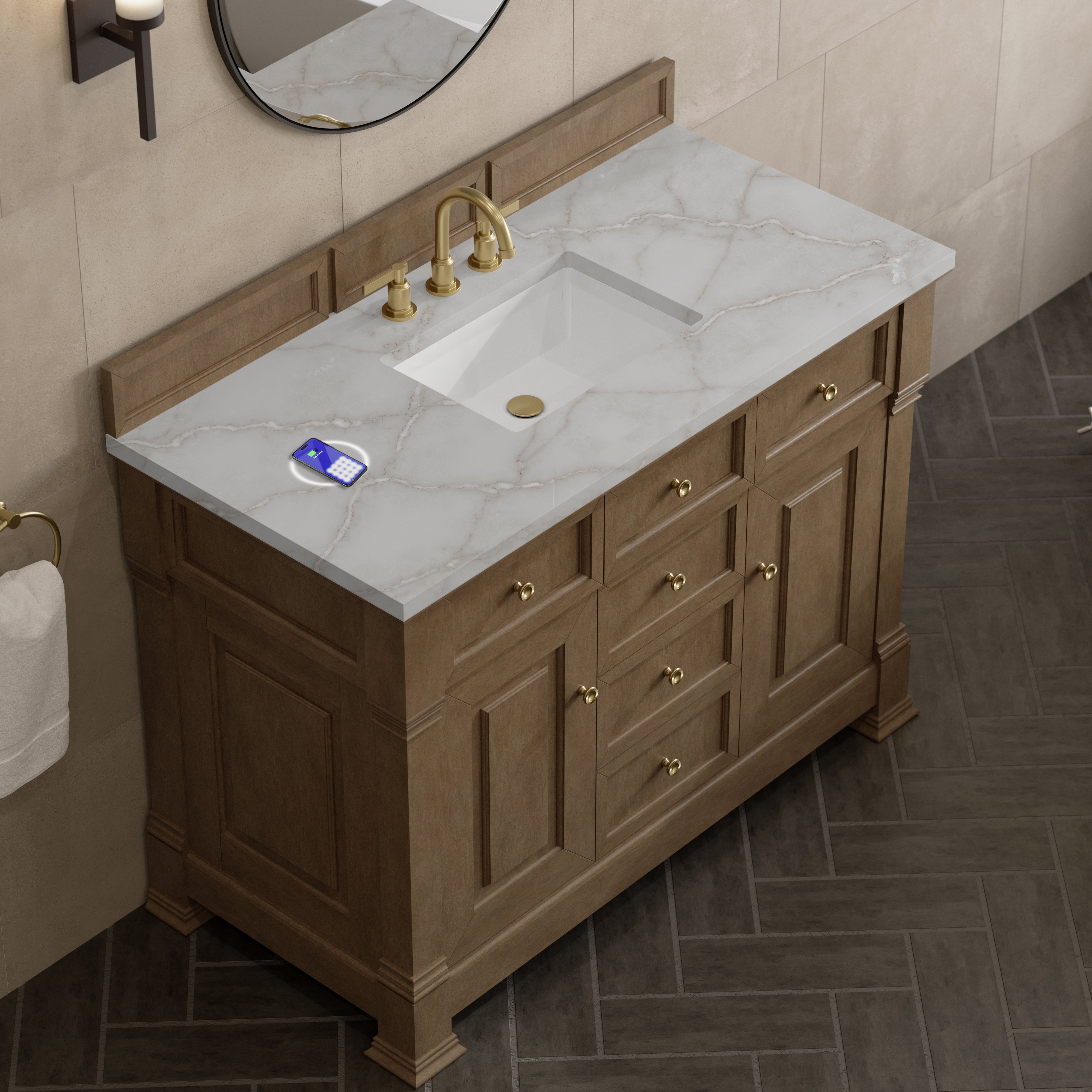 James Martin Brookfield 48" Single Vanity in Pecan with 3cm Countertop and FreePower Wireless Charger
