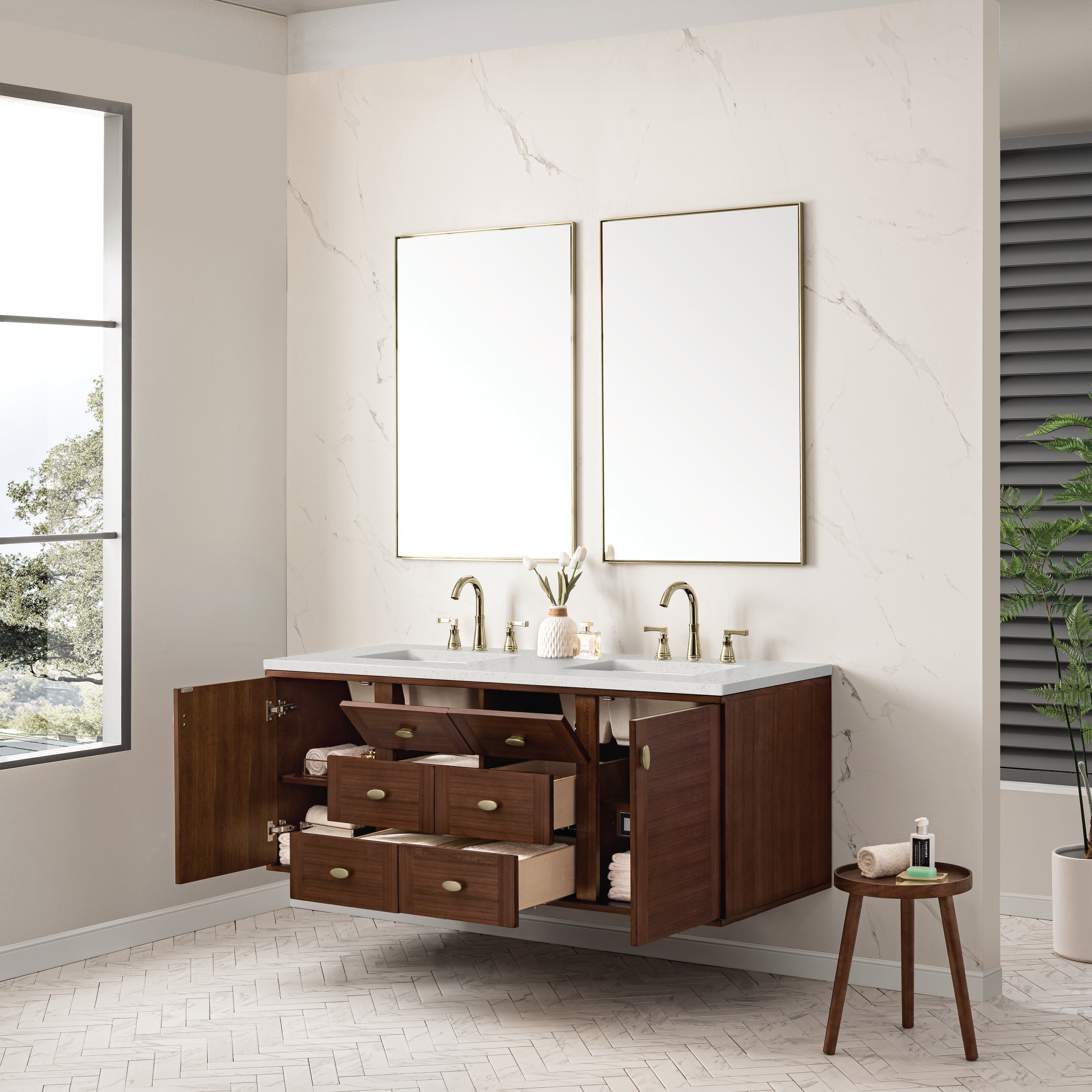 James Martin Amberly 60" Double Vanity in Mid-Century Walnut with 3cm Countertop