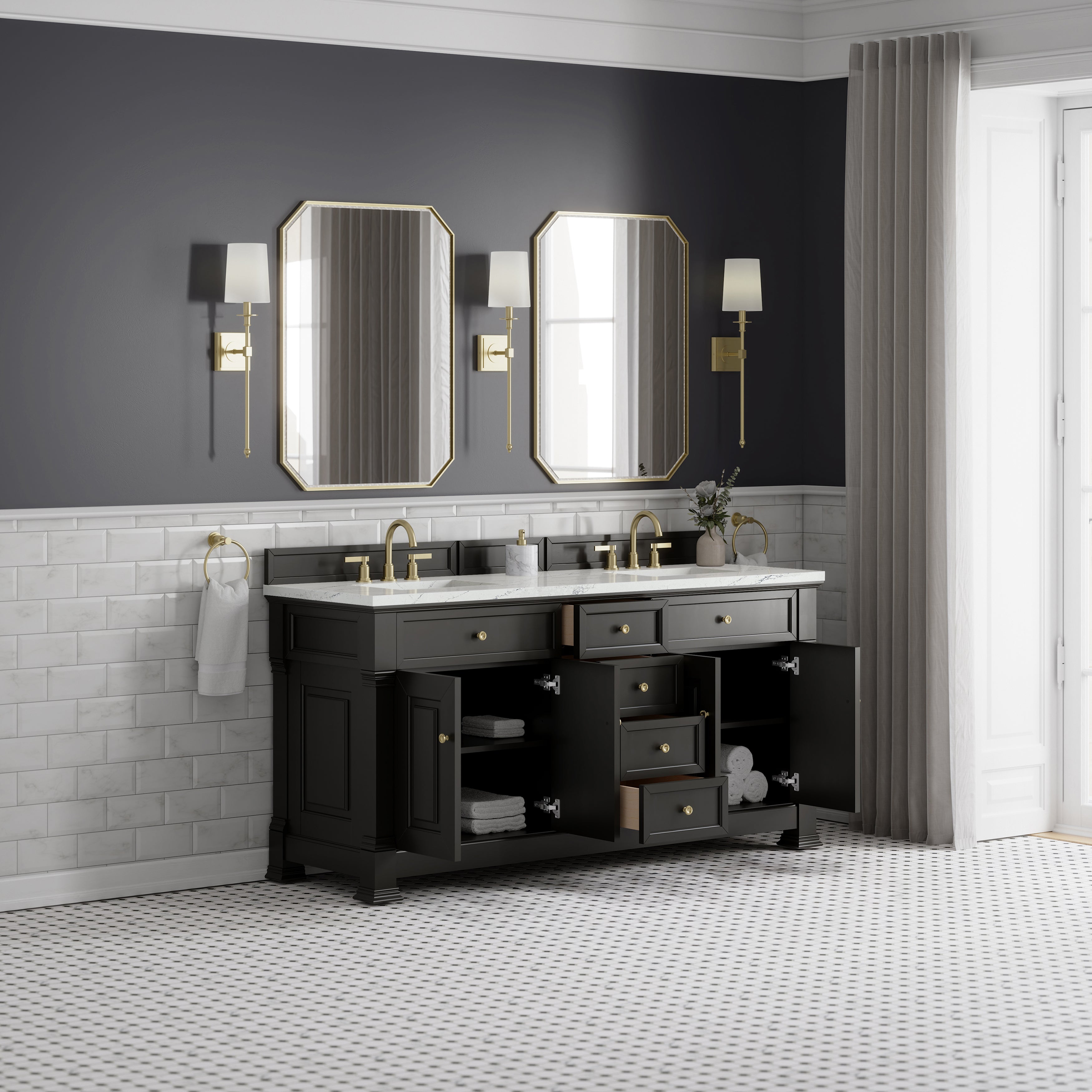 James Martin Brookfield 72" Double Vanity in Black Onyx with 3cm Countertop and FreePower Wireless Charger