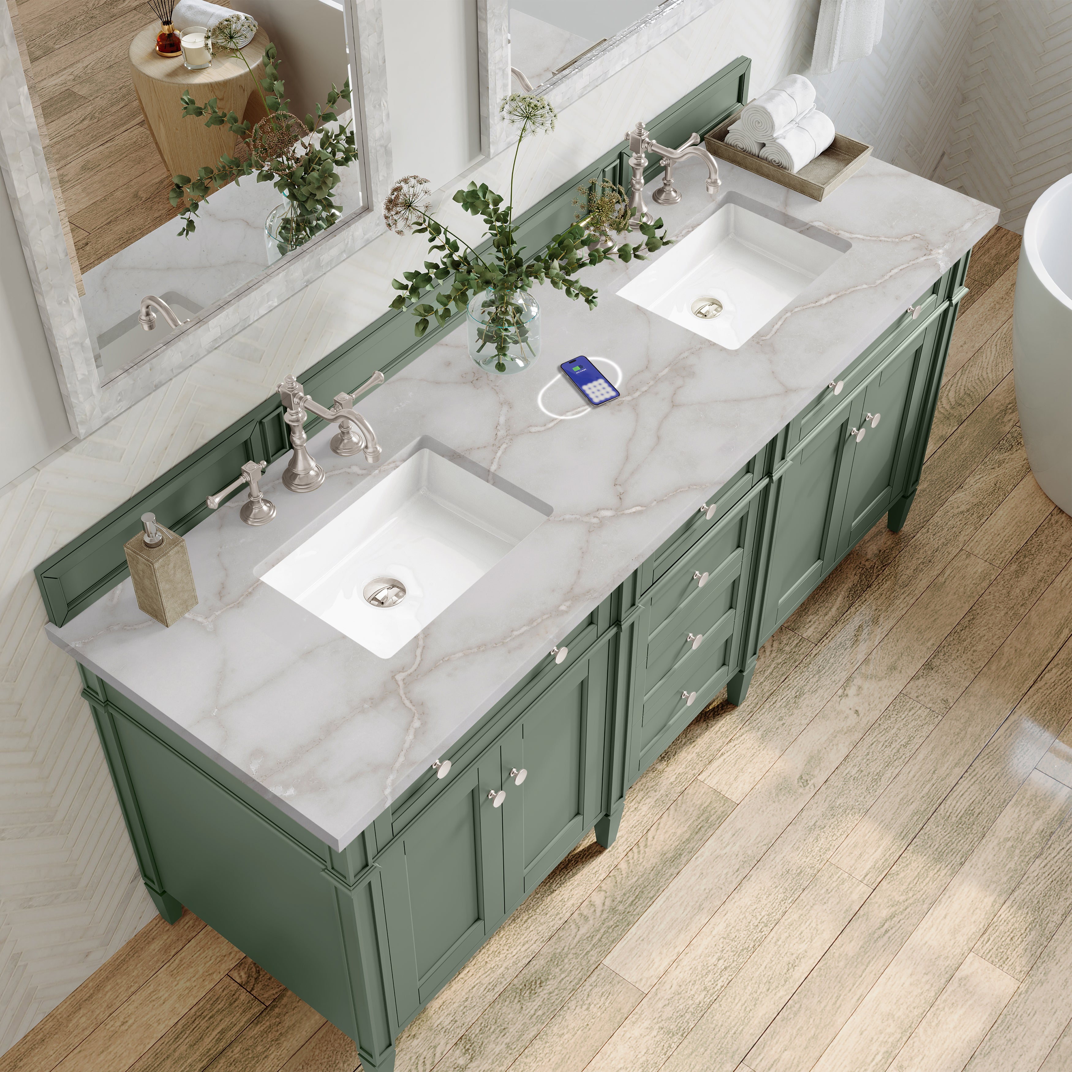 James Martin Brittany 72" Double Vanity in Smokey Celadon with 3cm Countertop and FreePower Wireless Charger