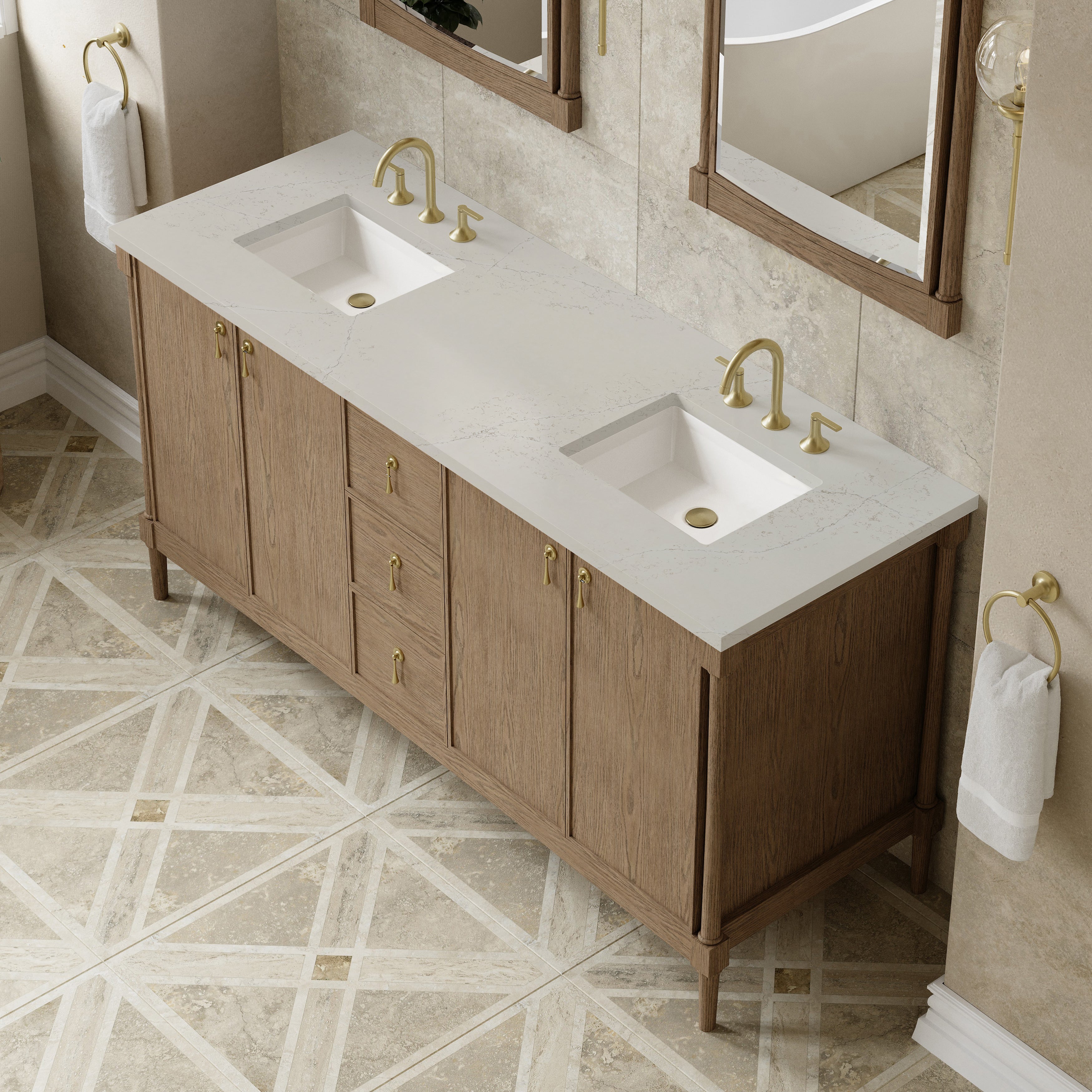 James Martin Kinnsden 72" Double Vanity in Weathered Oak with 3cm Carrara Marble Top